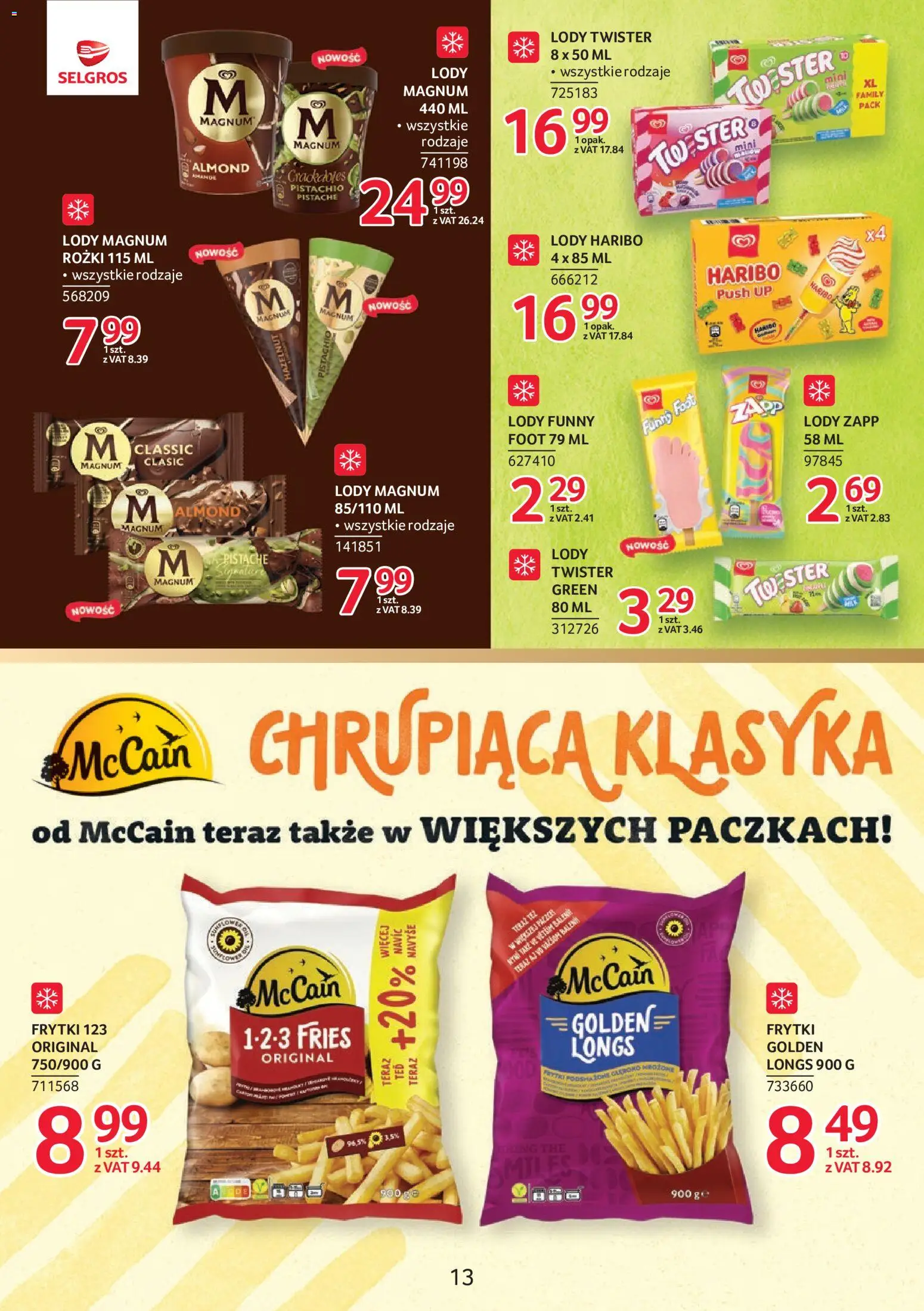 Selgros cash&carry gazetka - Markowe produkty od 18.06.2026 | Strona: 13 | Produkty: Lody Magnum, Frytki, Lody