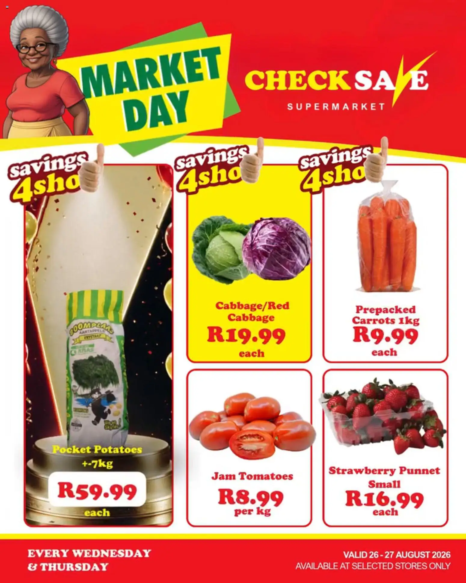 New Check Save catalogue – valid from 26/08/2026 | Page: 1 | Products: Jam, Tomatoes, Carrots, Potatoes