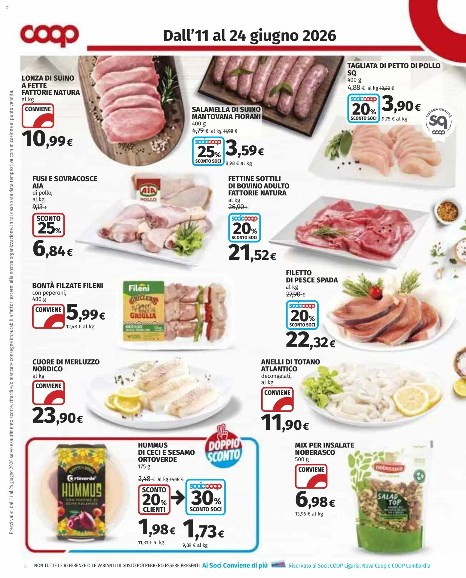 Volantino COOP del 11.06.2026 | Pagina: 4 | Prodotti: Bovino, Suino, Hummus, Pesce spada