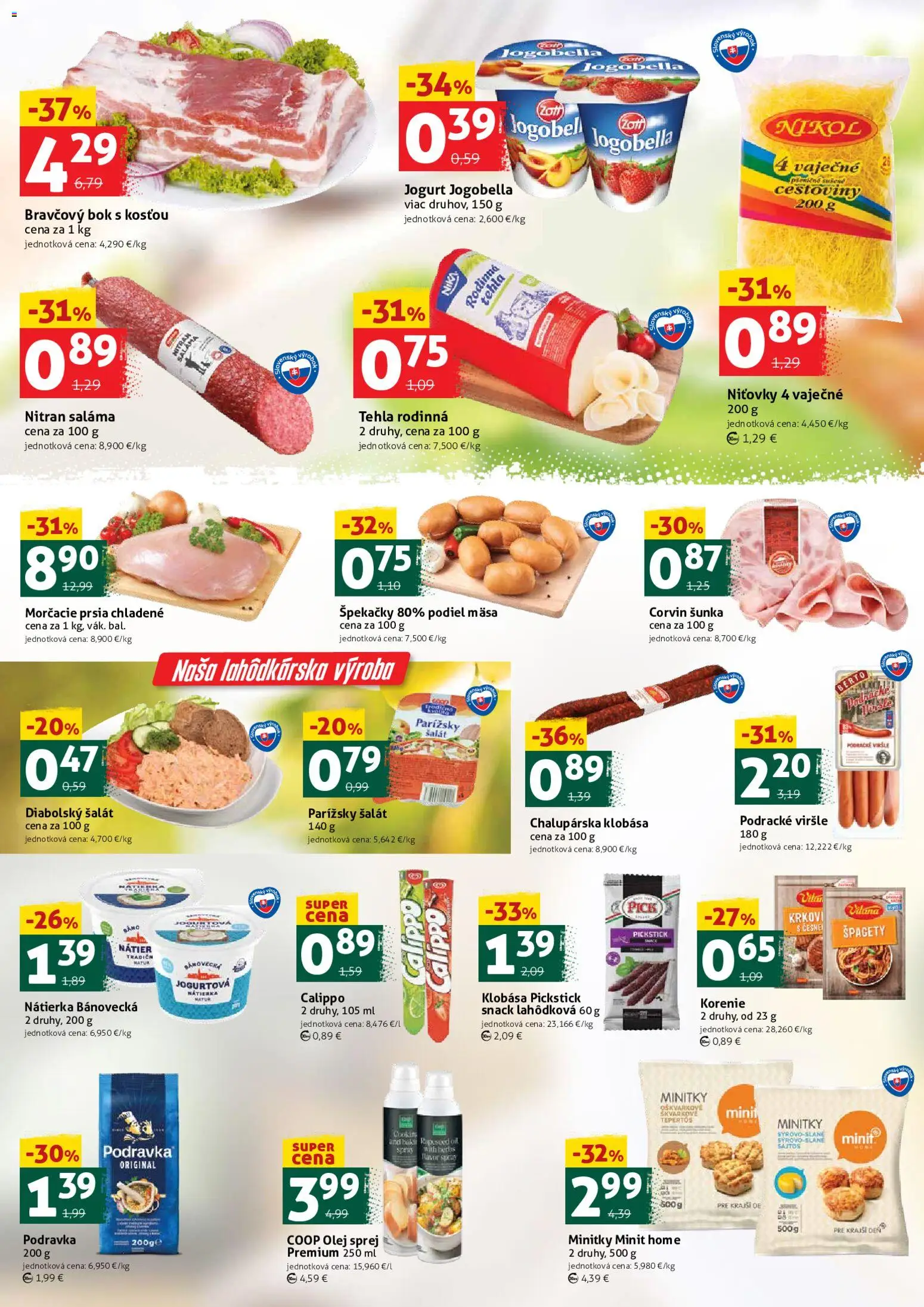 Nové COOP Jednota akcie – leták je platný od 24.07.2026 | Strana: 2 | Produkty: Olej, Saláma, Šunka, Šalát
