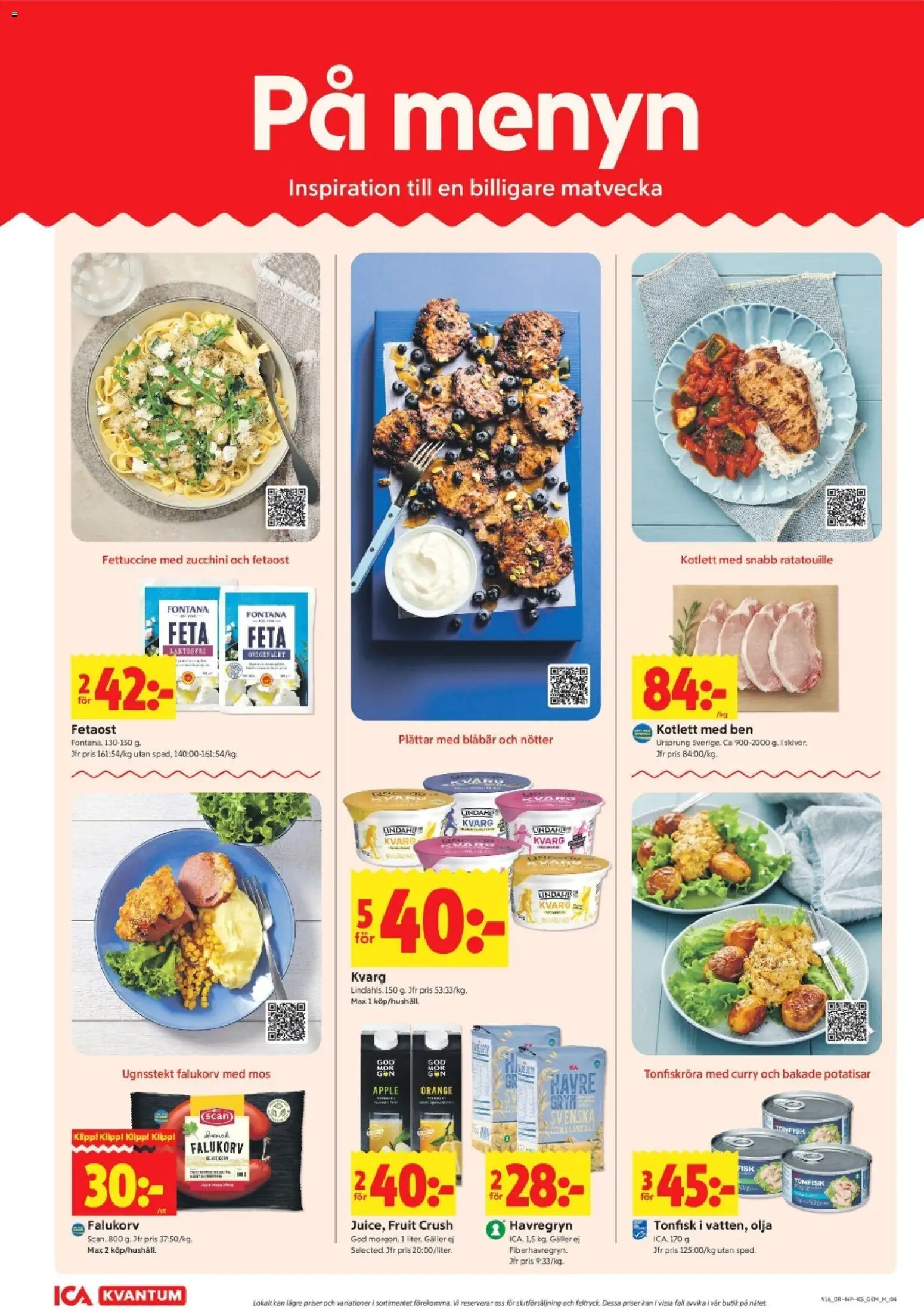 ICA Kvantum reklamblad aktuell från 13.04.2026 | Sida: 4 | Produkter: Falukorv, Havregryn, Nötter, Blåbär
