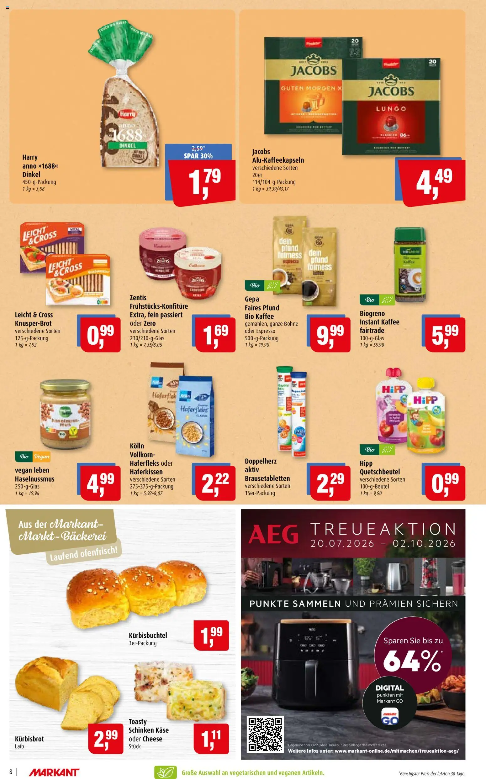 Markant Prospekt – gültig ab 14.09.2026 | Seite: 8 | Produkte: Bäckerei, Käse, Kaffee, Schinken
