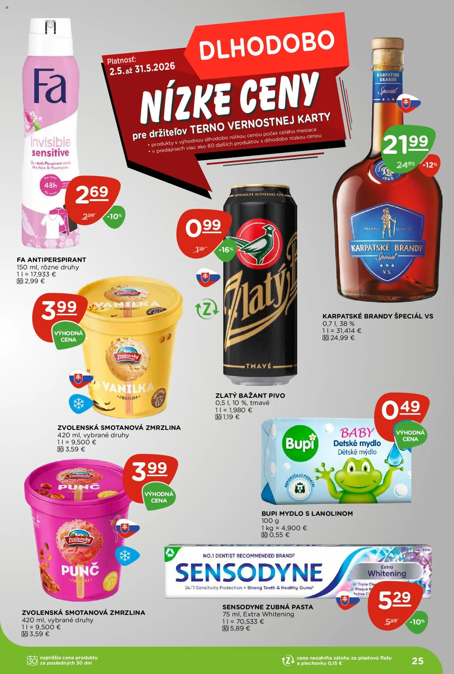 Nové Terno akcie – leták je platný od 21.05.2026 | Strana: 25 | Produkty: Pivo, Zlatý Bažant, Antiperspirant, Brandy