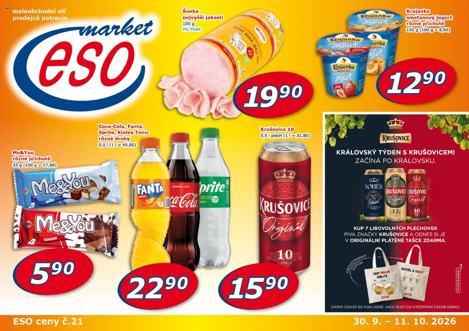 Eso market leták od 30.09.2026 | Strana: 1 | Produkty: Smetanový jogurt, Plech, Krušovice, Kinley Tonic