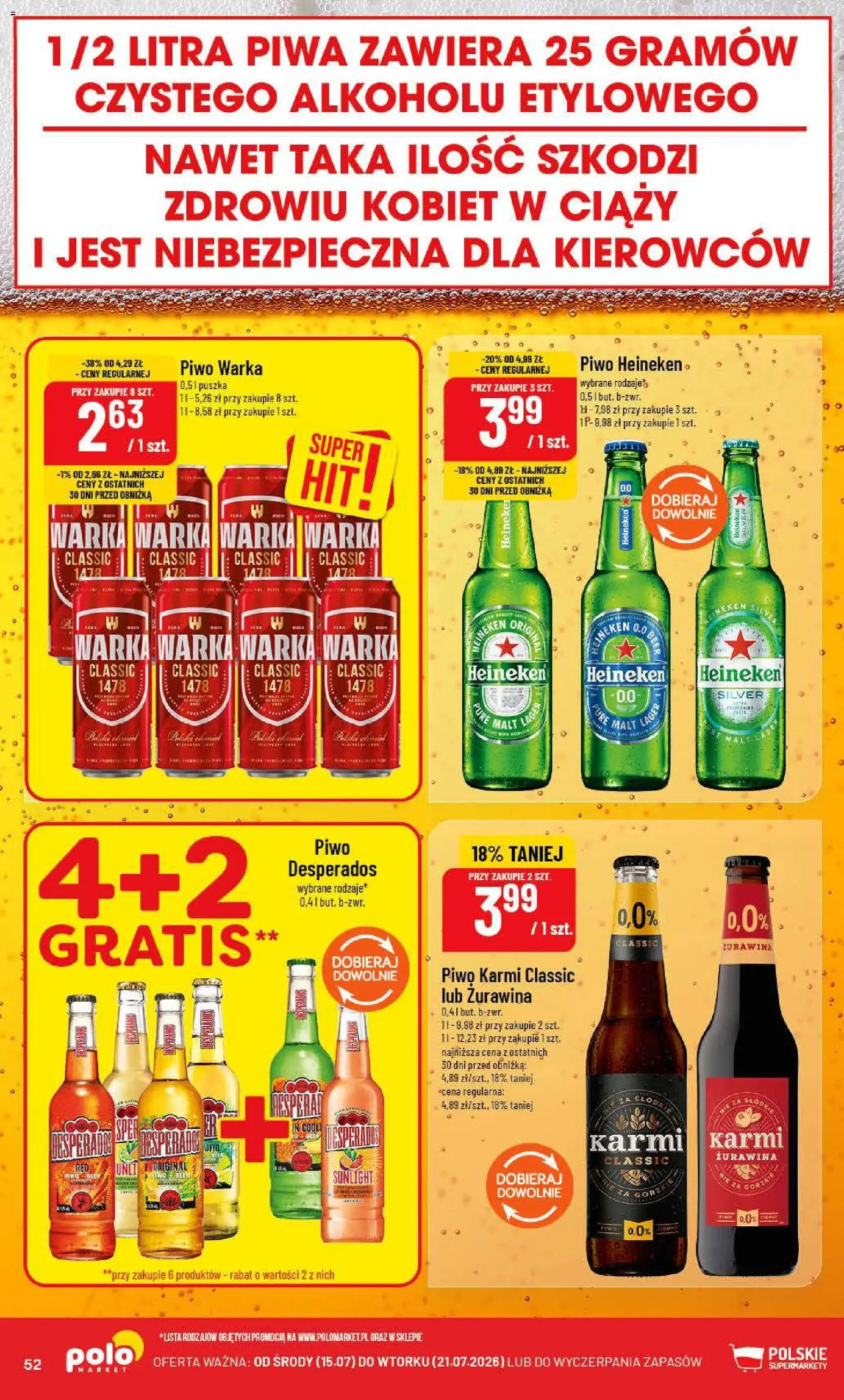 POLOmarket gazetka od 15.07.2026 | Strona: 52 | Produkty: Piwo Heineken, Heineken Silver, Warka, Desperados