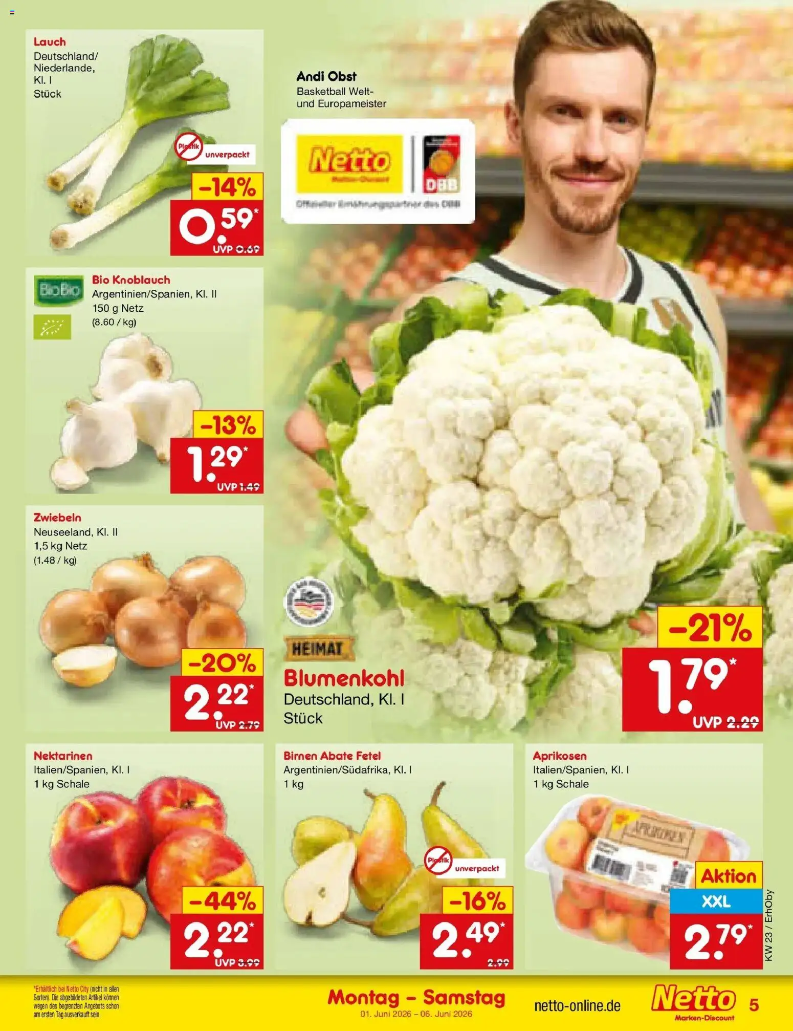 Netto Marken-Discount Prospekt Velden – gültig ab 01.06.2026 | Seite: 5 | Produkte: Nektarinen, Obst, Knoblauch, Blumenkohl