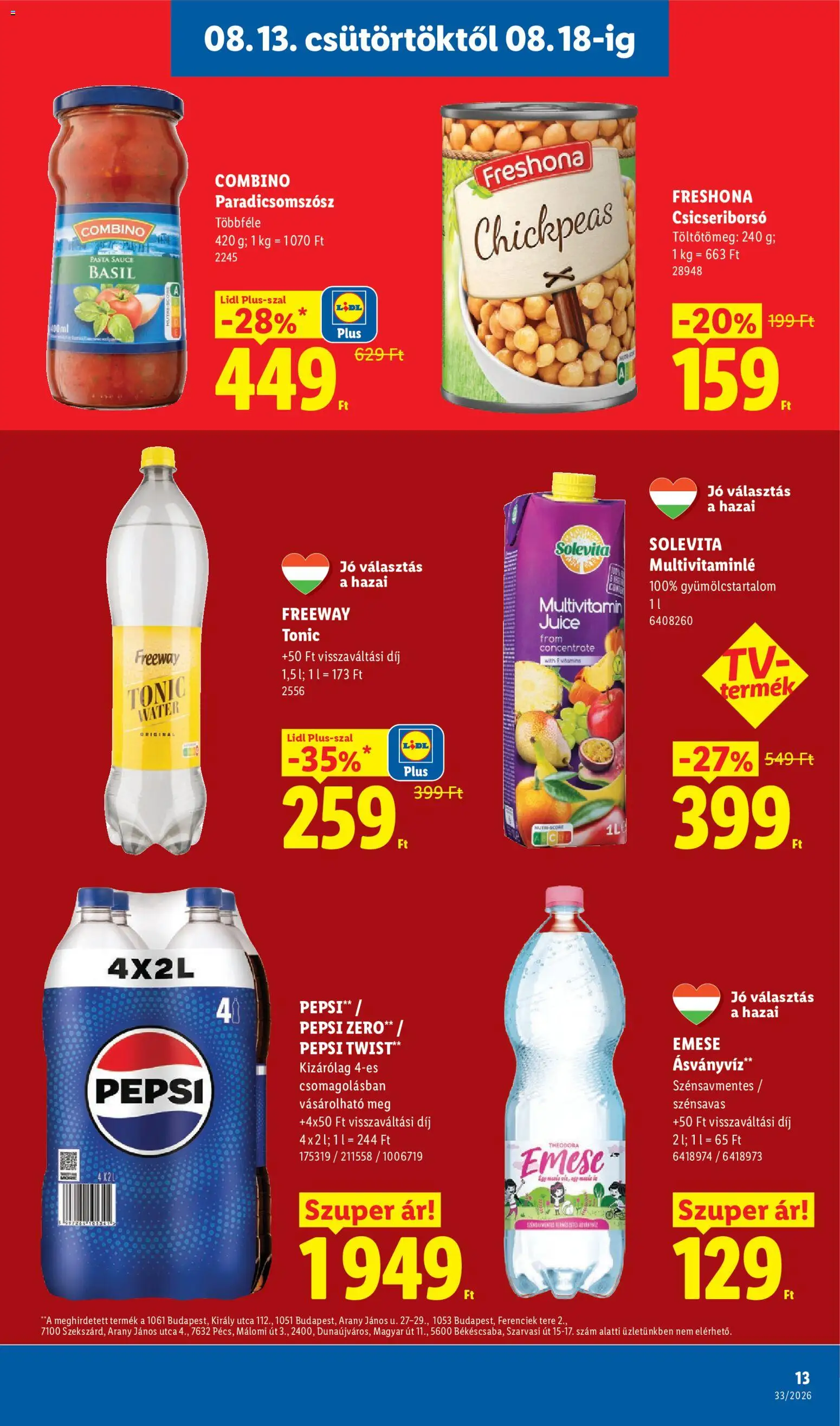 Lidl akciós ujság - amely érvényes a következő dátumtól: 2026.08.13. | Oldal: 13 | Termékek: Szarvasi, Csicseriborsó, Ásványvíz, Multivitamin