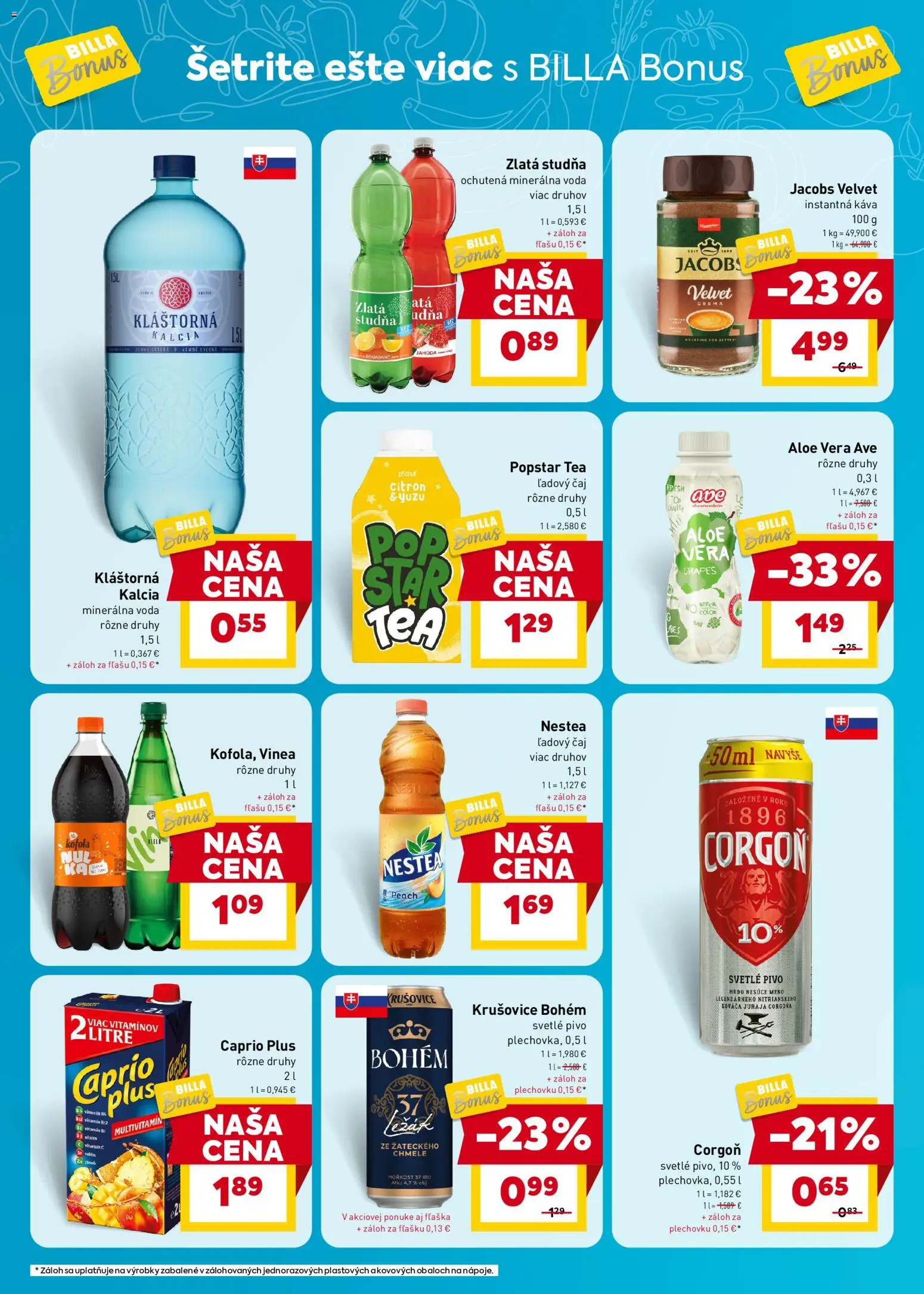 Nové Billa akcie – leták je platný od 15.07.2026 | Strana: 4 | Produkty: Čaj, Kofola, Corgoň, Minerálna voda