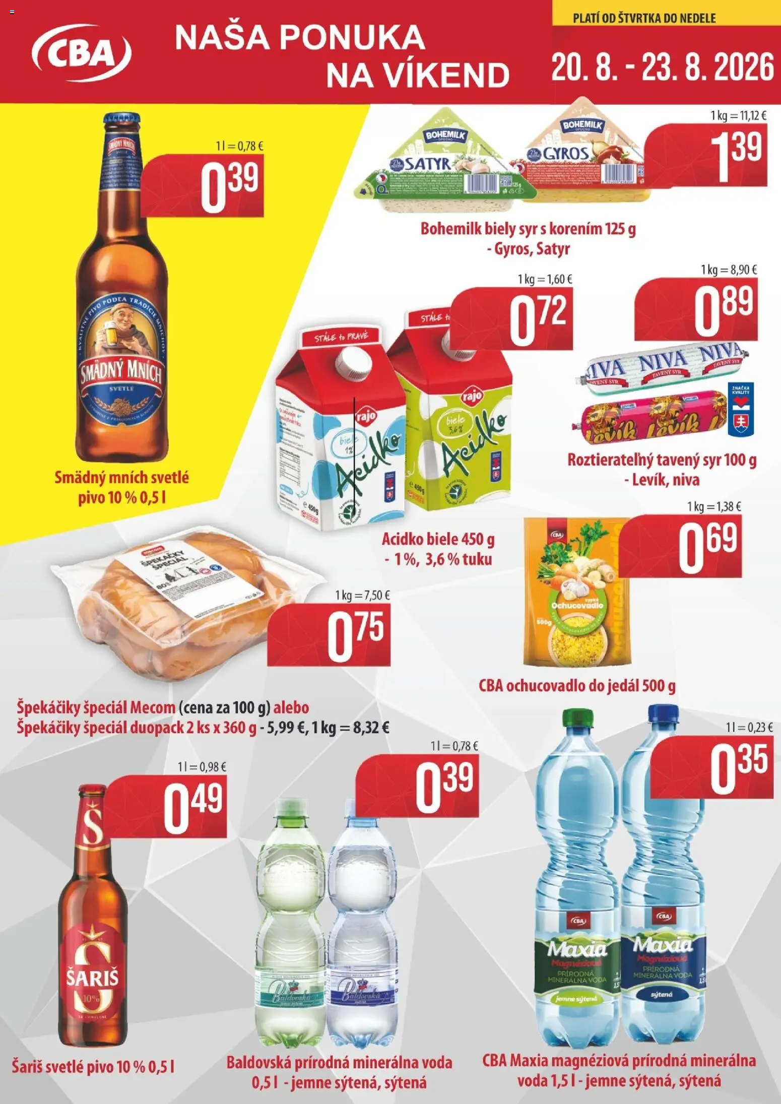 Nové Sintra akcie – leták je platný od 20.08.2026 | Strana: 1 | Produkty: Niva, Biely syr, Voda, Baldovská