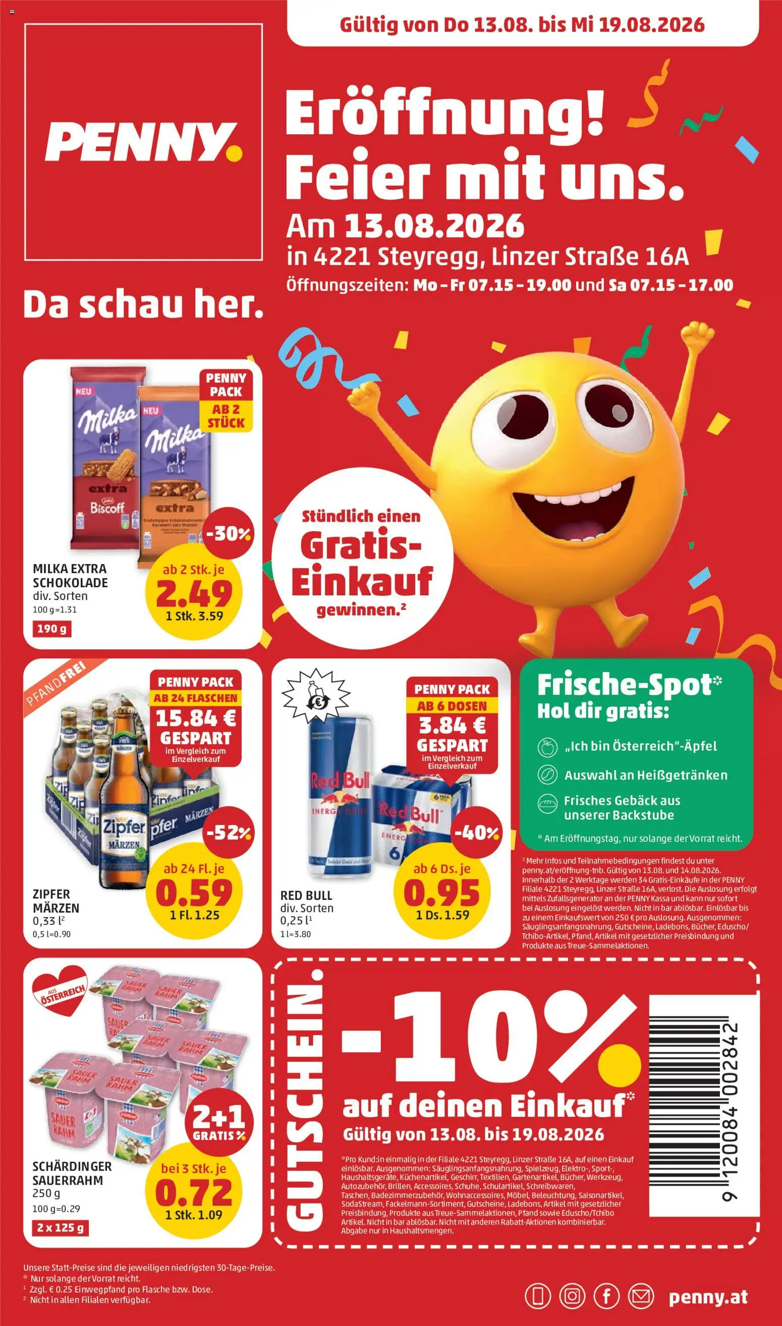 Penny Markt Eröffnung in 4221 Steyregg gültig ab 13.08.2026 | Seite: 1 | Produkte: Gebäck, Schokolade, Sauerrahm