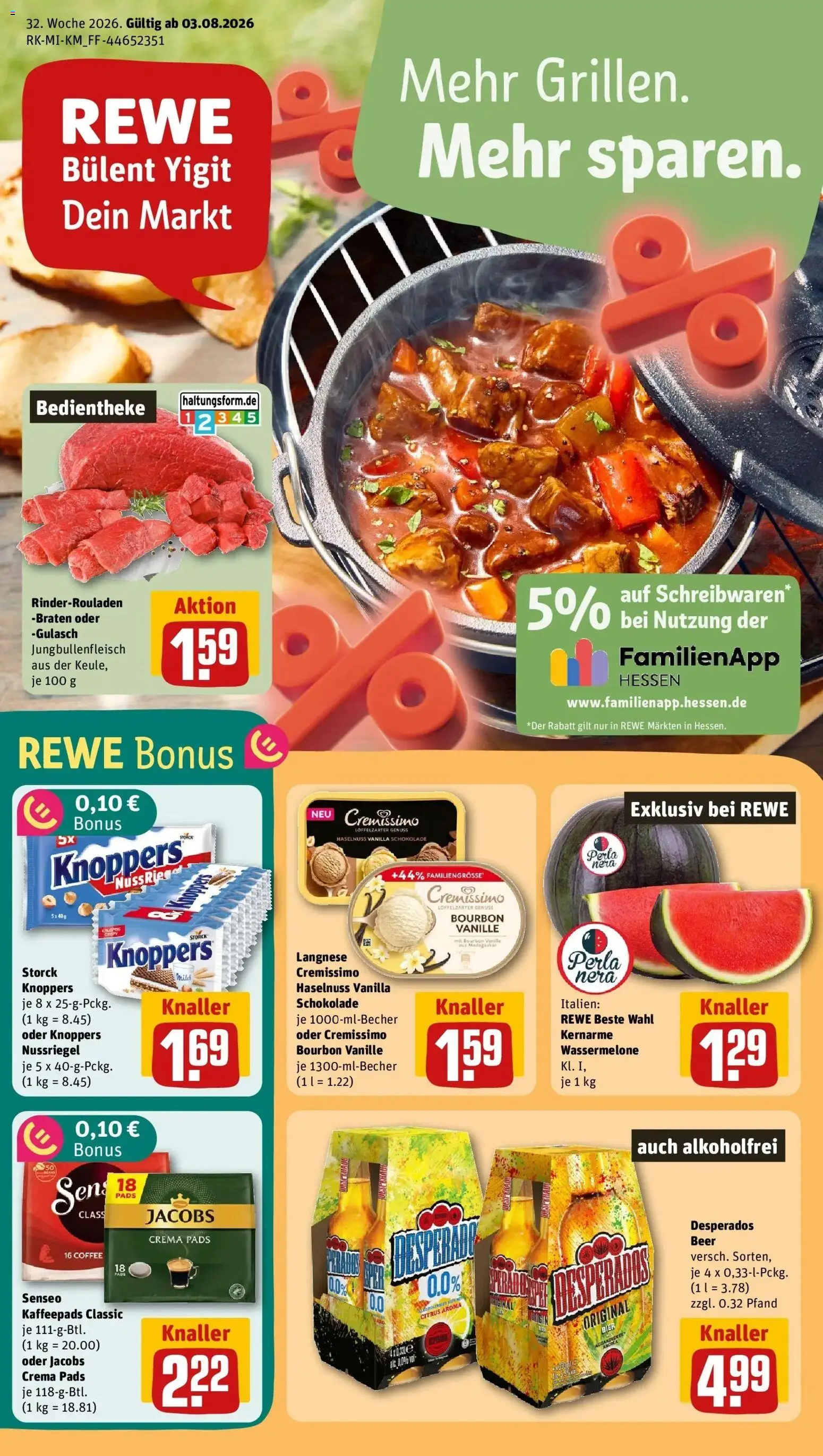 REWE Prospekt ab 03.08.2026 zum Blättern » Angebote | Seite: 1 | Produkte: Senseo, Langnese, Wassermelone, Bourbon