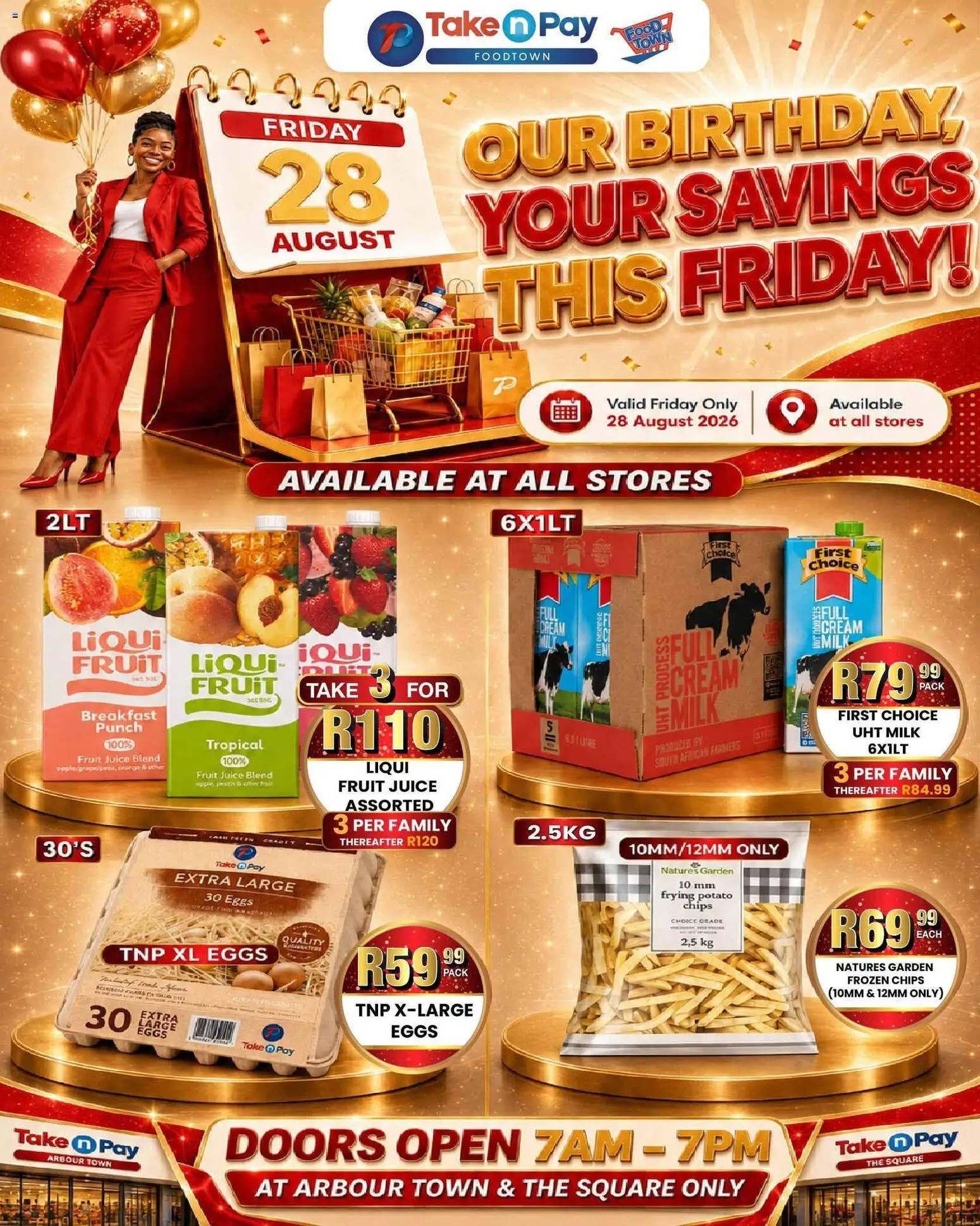 New Take n Pay catalogue – valid from 28/08/2026 | Page: 1 | Products: Eggs, Juice, Cream, Fruit