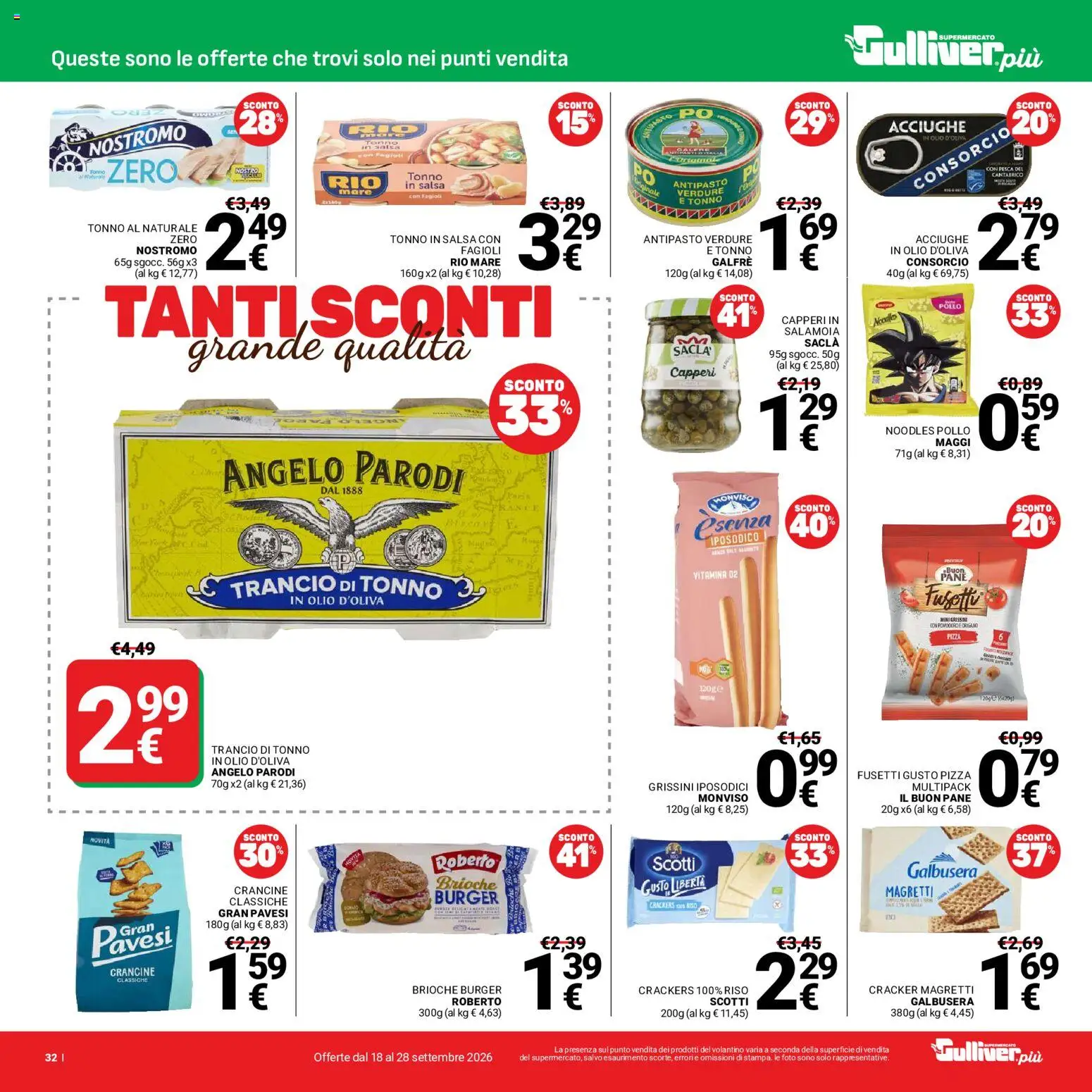 Volantino Gulliver del 18/09/2026 | Pagina: 32 | Prodotti: Fagioli, Crackers, Olio d'oliva, Grissini