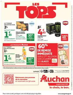 Auchan - Prévisualisation de PUR JUS MULTIFRUITS AUCHAN, PUR JUS MULTIFRUITS AUCHAN, 11, Soit le l : 1€45, Les 2 : 2€46 cagnote déduite au lieu de 2€90, Existe d'autres variétés valide à partir de 07/07/2026 | Page: 16 | Produits: Glaces, Pizza, Jus, Saumon