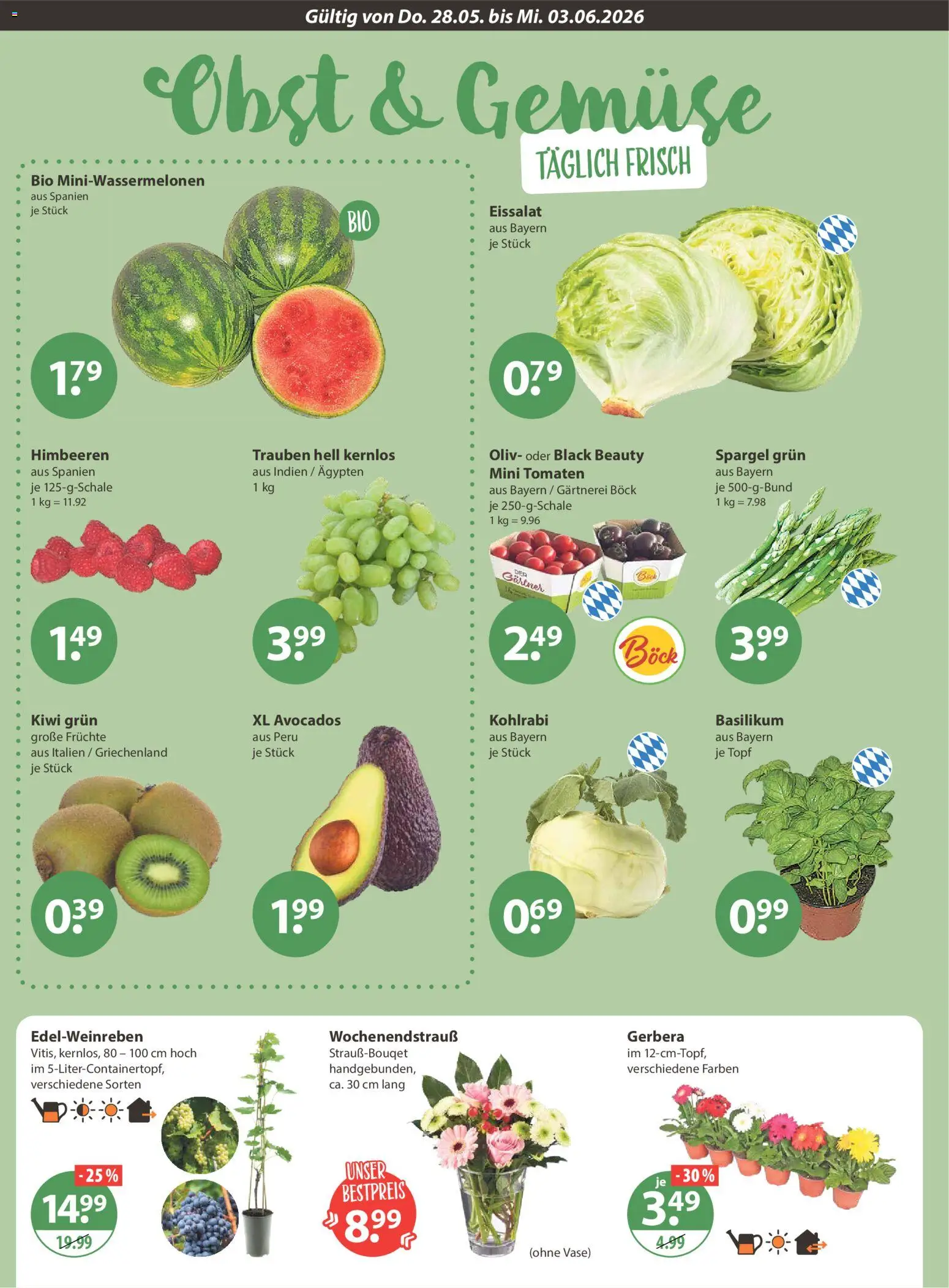 V-Markt München – gültig ab 28.05.2026 | Seite: 4 | Produkte: Trauben, Eissalat, Gemüse, Kiwi