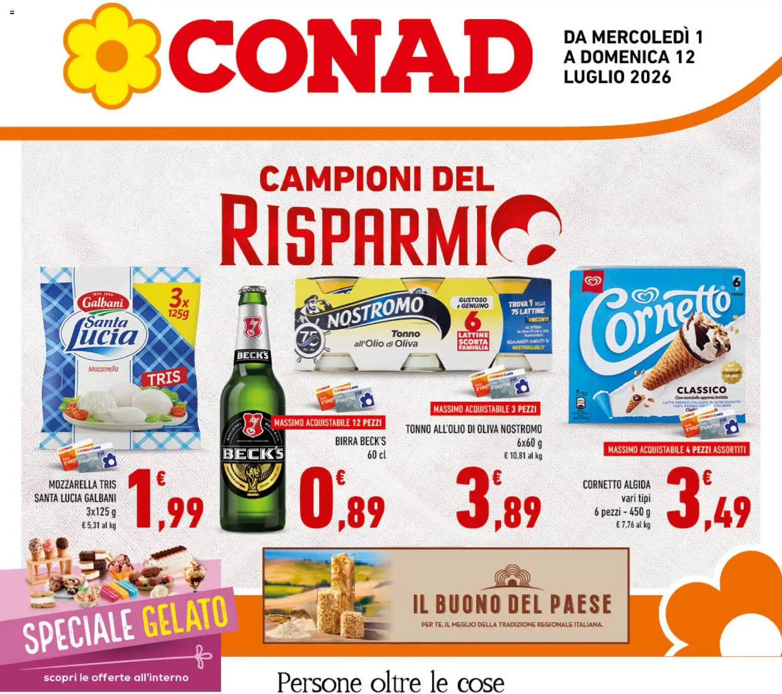 Volantino Conad del 01/07/2026 | Pagina: 1 | Prodotti: Cornetto, Gelato, Mozzarella, Tonno