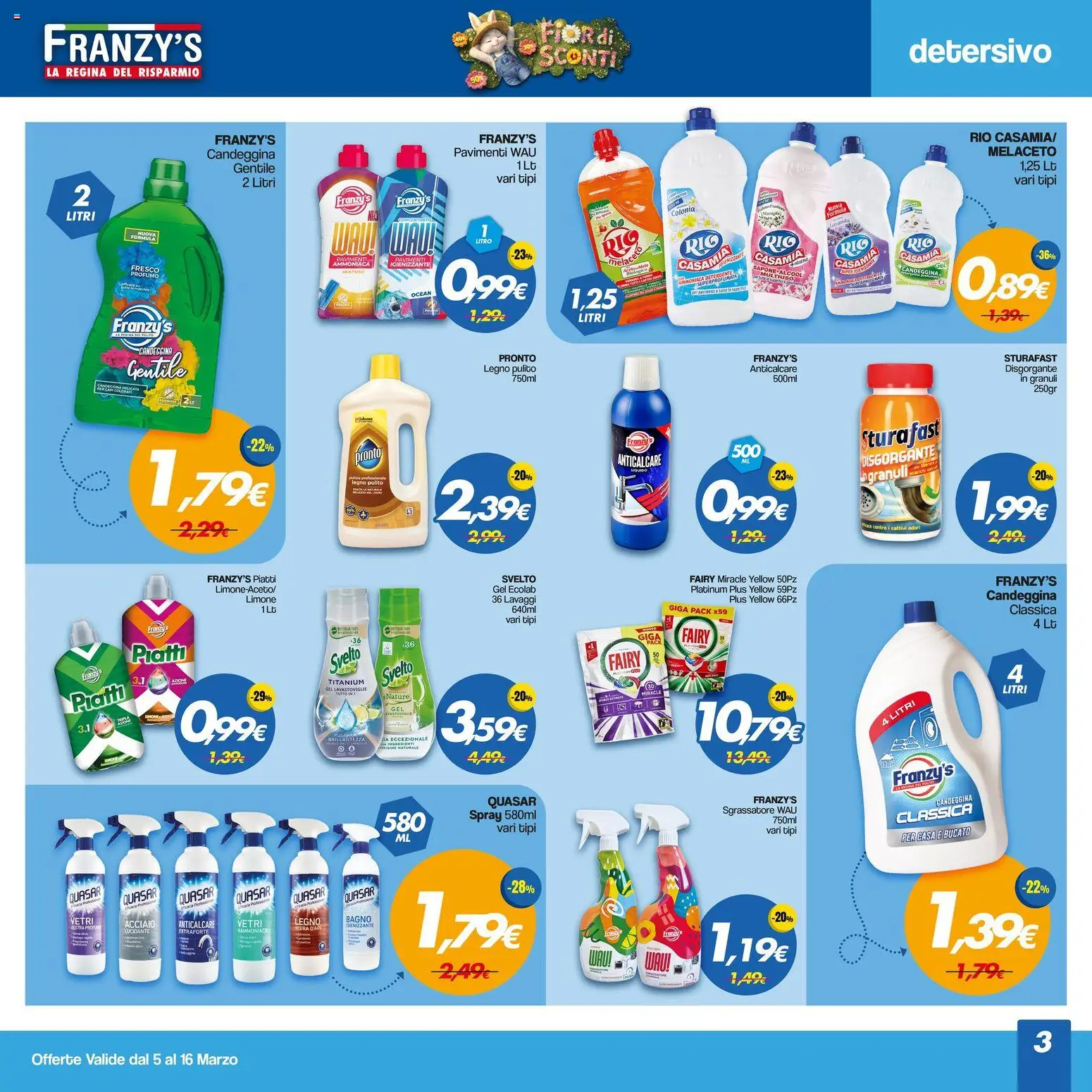 Volantino Franzy's del 05.03.2026 | Pagina: 3 | Prodotti: Candeggina, Anticalcare, Lavastoviglie, Profumo