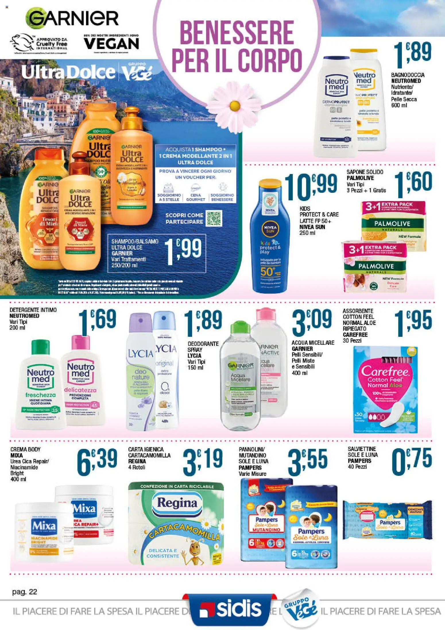 Volantino Sidis del 29/06/2026 | Pagina: 22 | Prodotti: Detergente intimo, Sale, Latte, Pampers