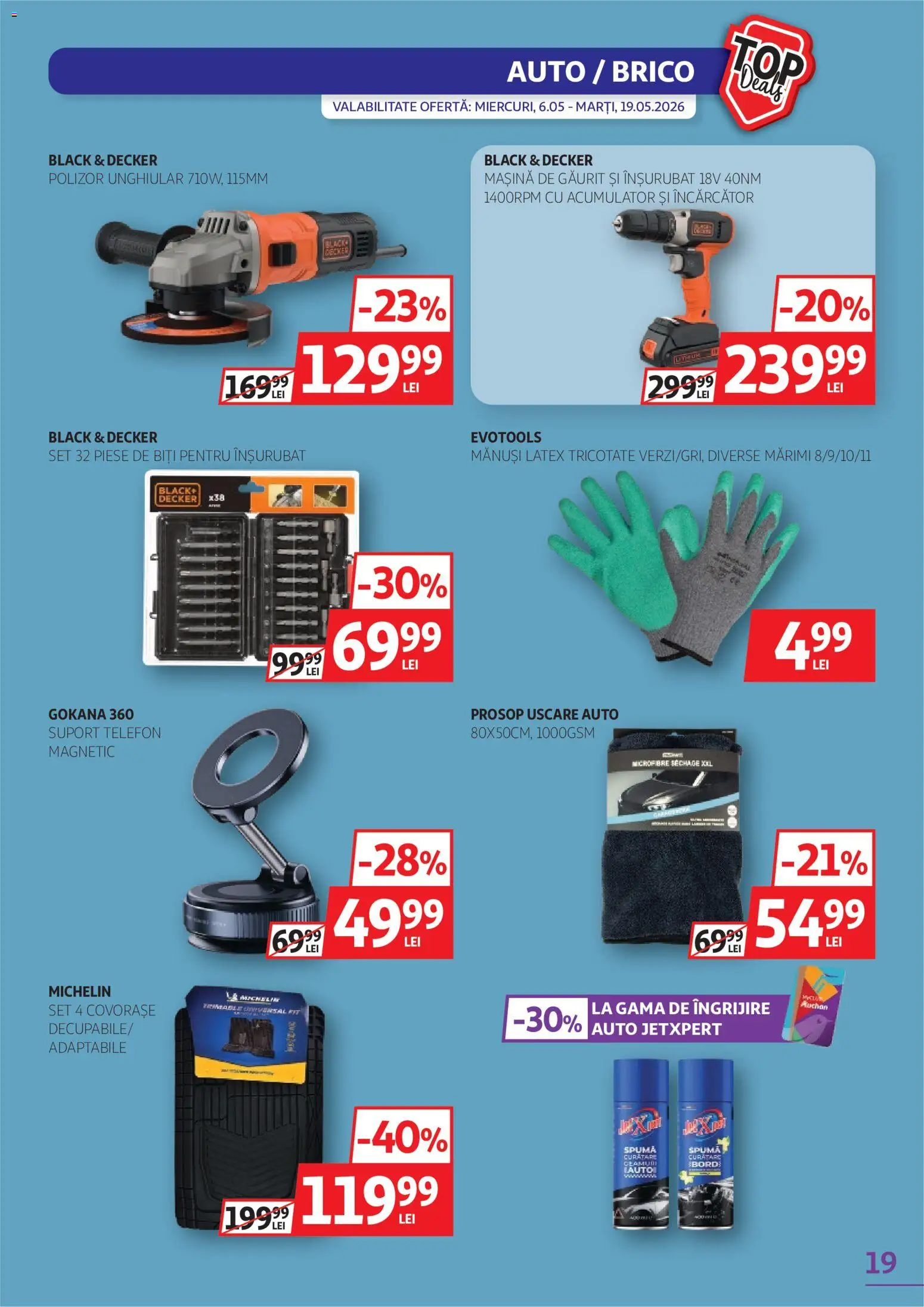 Noul catalog Auchan – valabil de la 06.05.2026 | Pagină: 19 | Produse: Mănuși, Telefon, Încărcător, Polizor