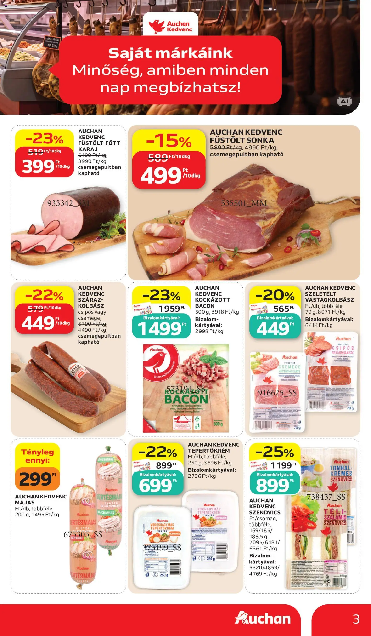 Auchan akciós ujság - amely érvényes a következő dátumtól: 2026.10.15. | Oldal: 3 | Termékek: Kockázott bacon, Tonhal, Sonka, Karaj
