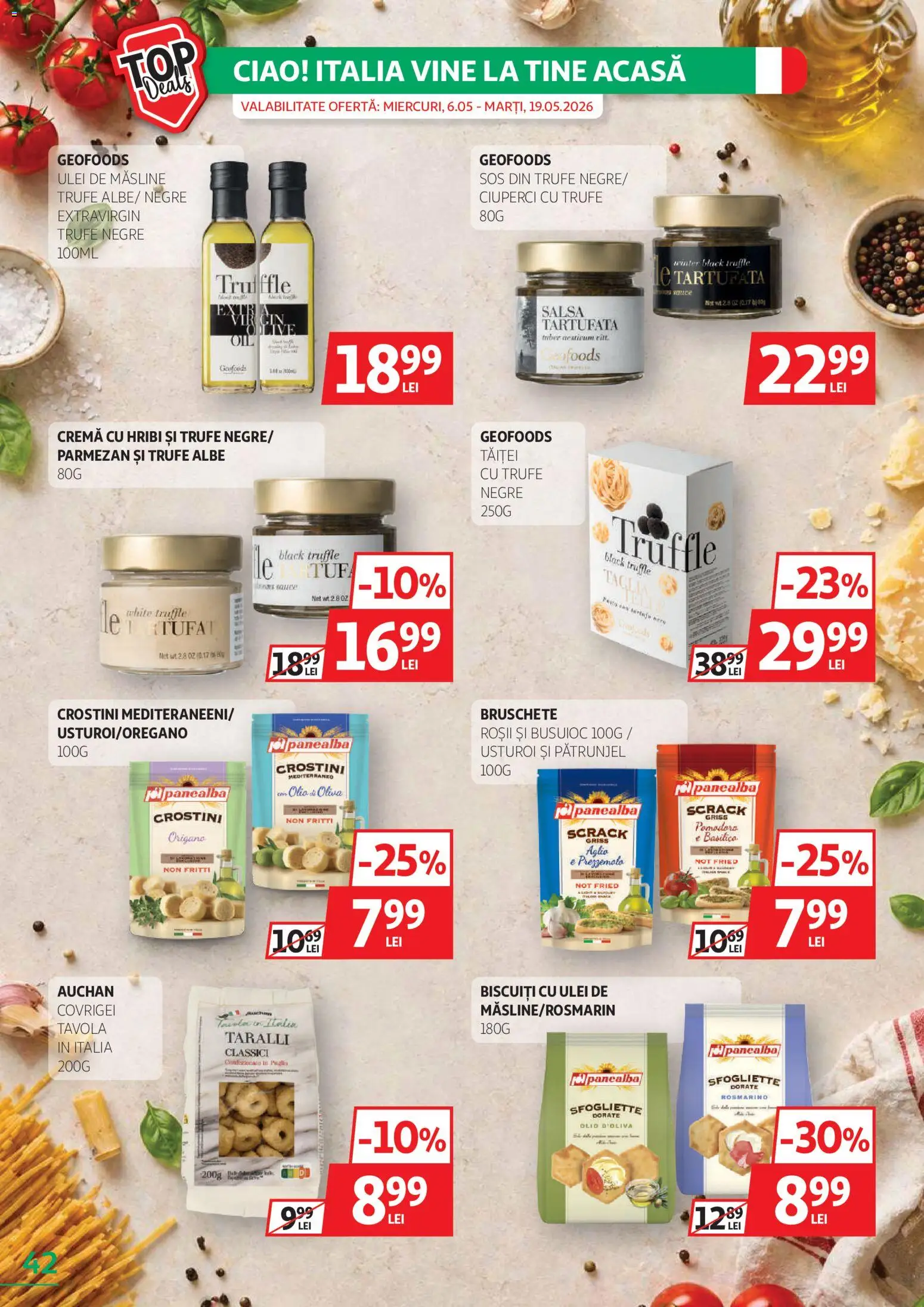 Noul catalog Auchan – valabil de la 20.05.2026 | Pagină: 42 | Produse: Ciuperci, Roșii, Biscuiți, Usturoi