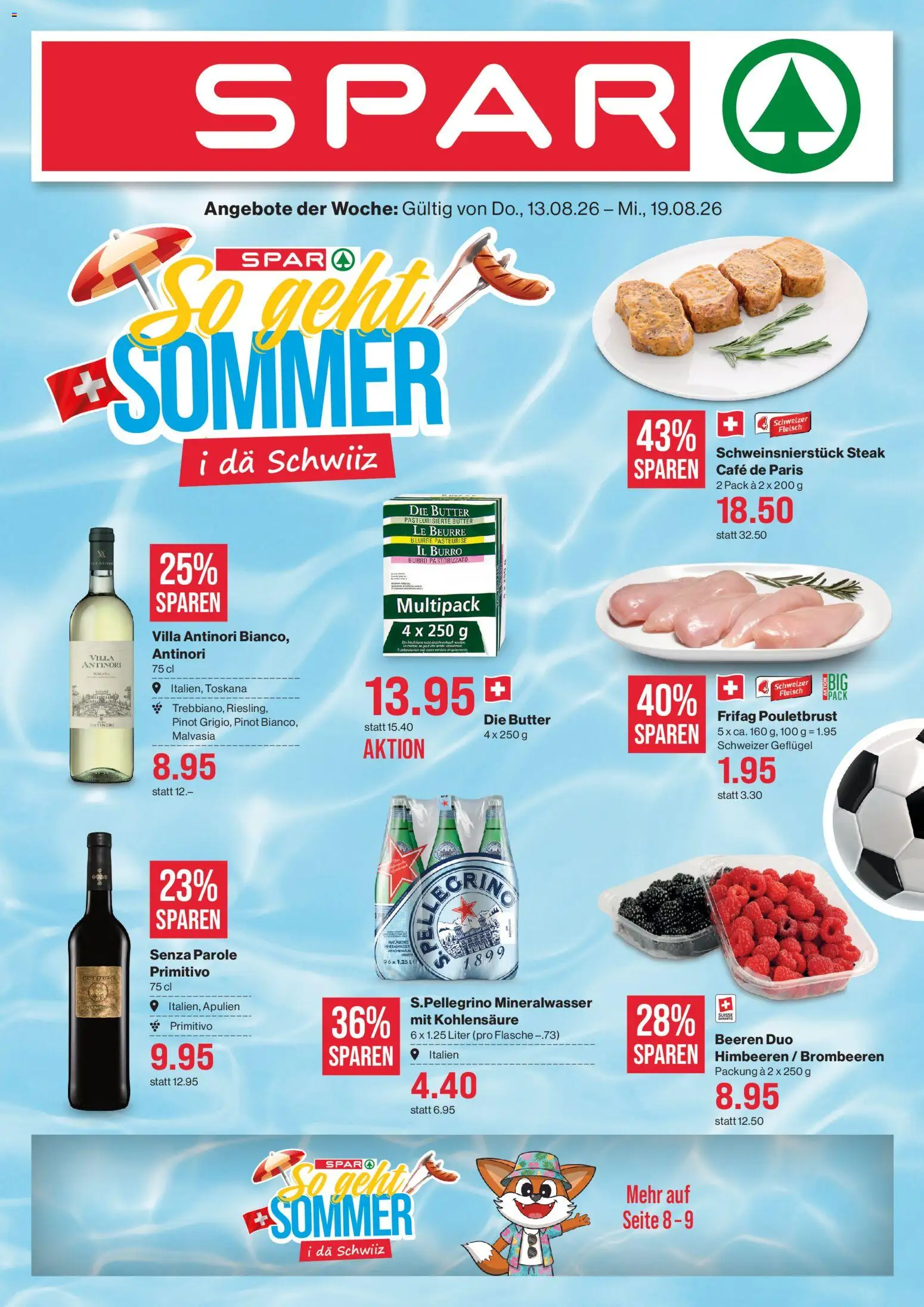 SPAR aktionen – gültig ab 13.08.2026 | Seite: 1 | Produkte: Pouletbrust, Mineralwasser, Butter