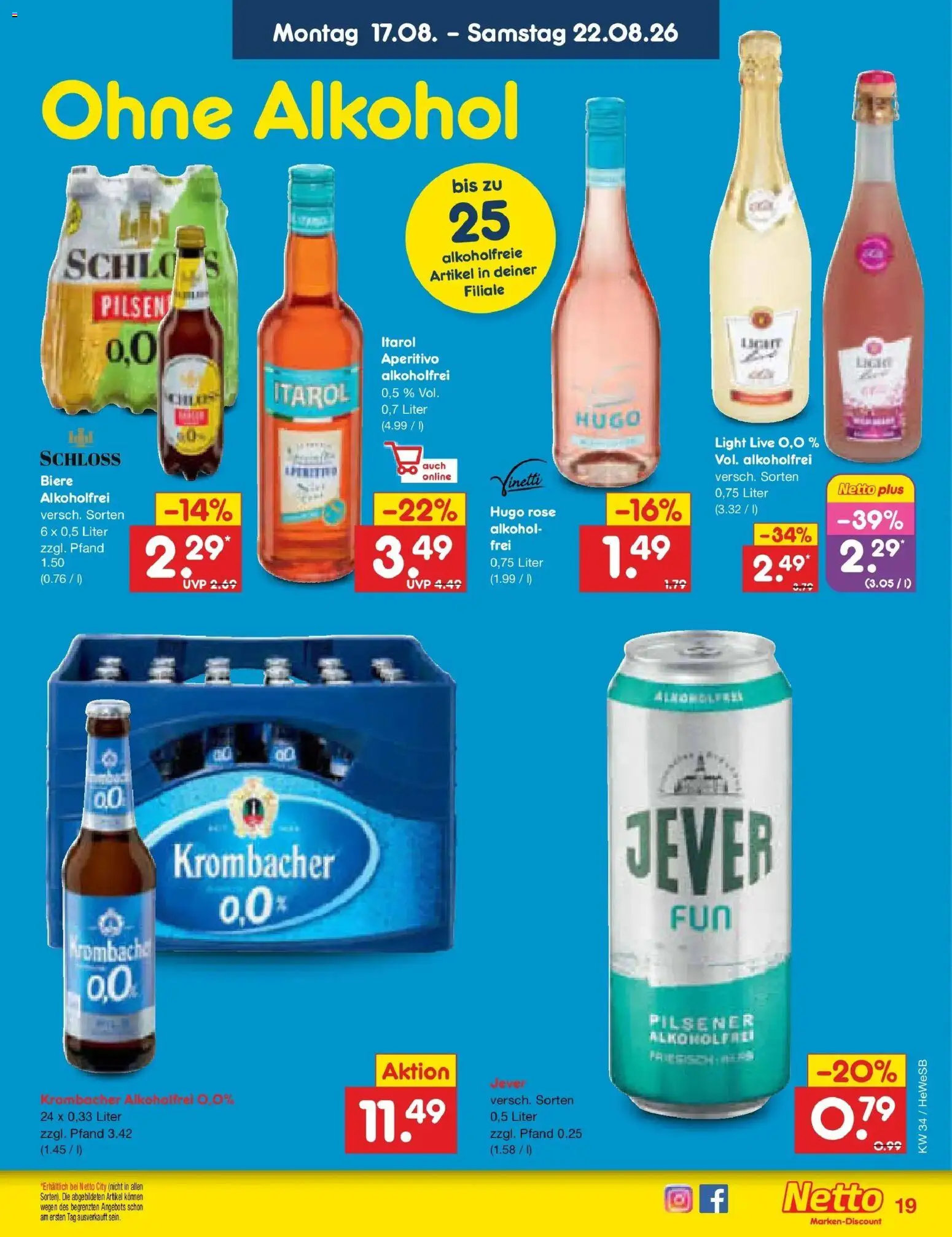 Netto Marken-Discount Prospekt Hamburg – gültig ab 17.08.2026 | Seite: 25 | Produkte: Krombacher alkoholfrei, Jever, Krombacher, Hugo