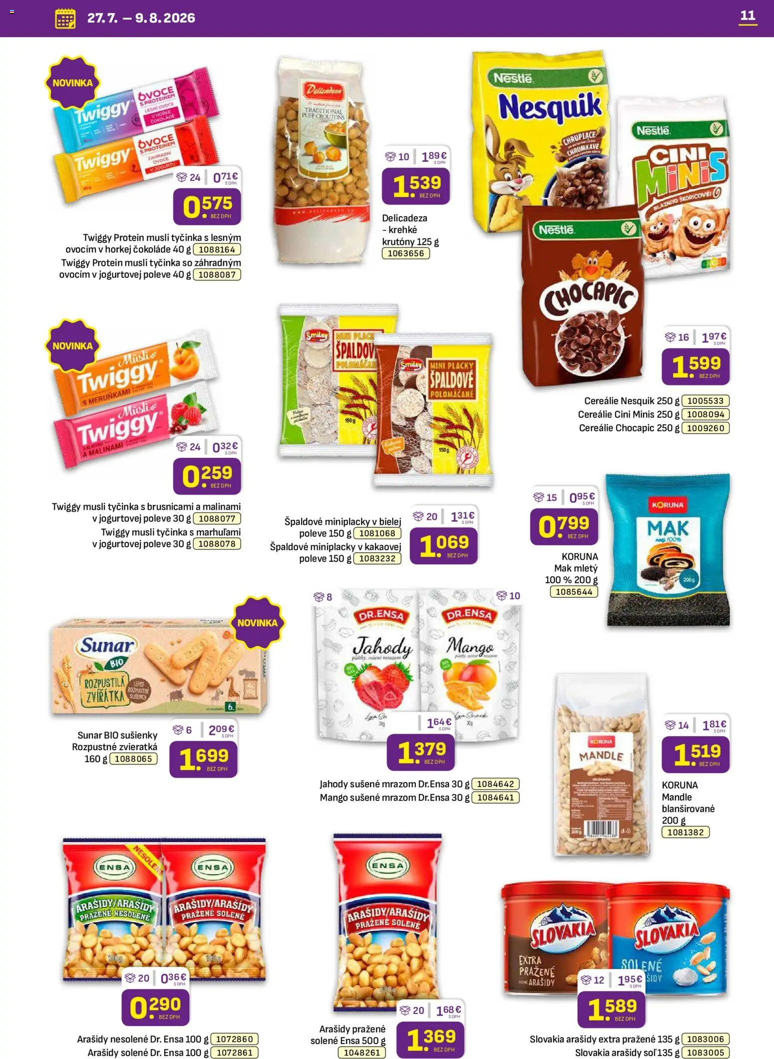 Nové Libex akcie – leták je platný od 27.07.2026 | Strana: 11 | Produkty: Cini Minis, Cereálie, Mandle, Mak