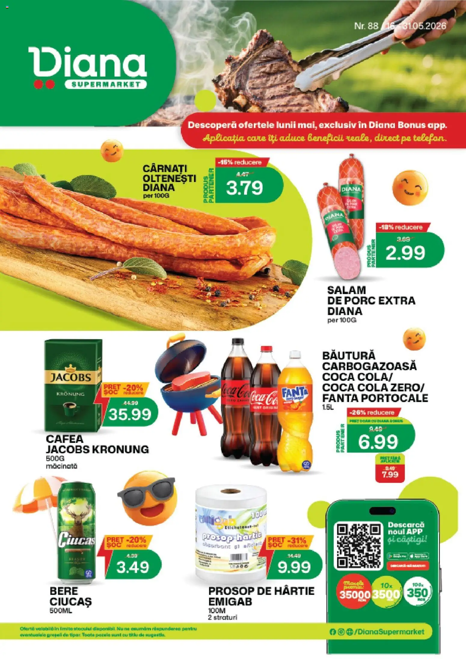 Noul catalog Diana – valabil de la 16.05.2026 | Pagină: 1 | Produse: Cafea, Salam, Bere, Cârnați