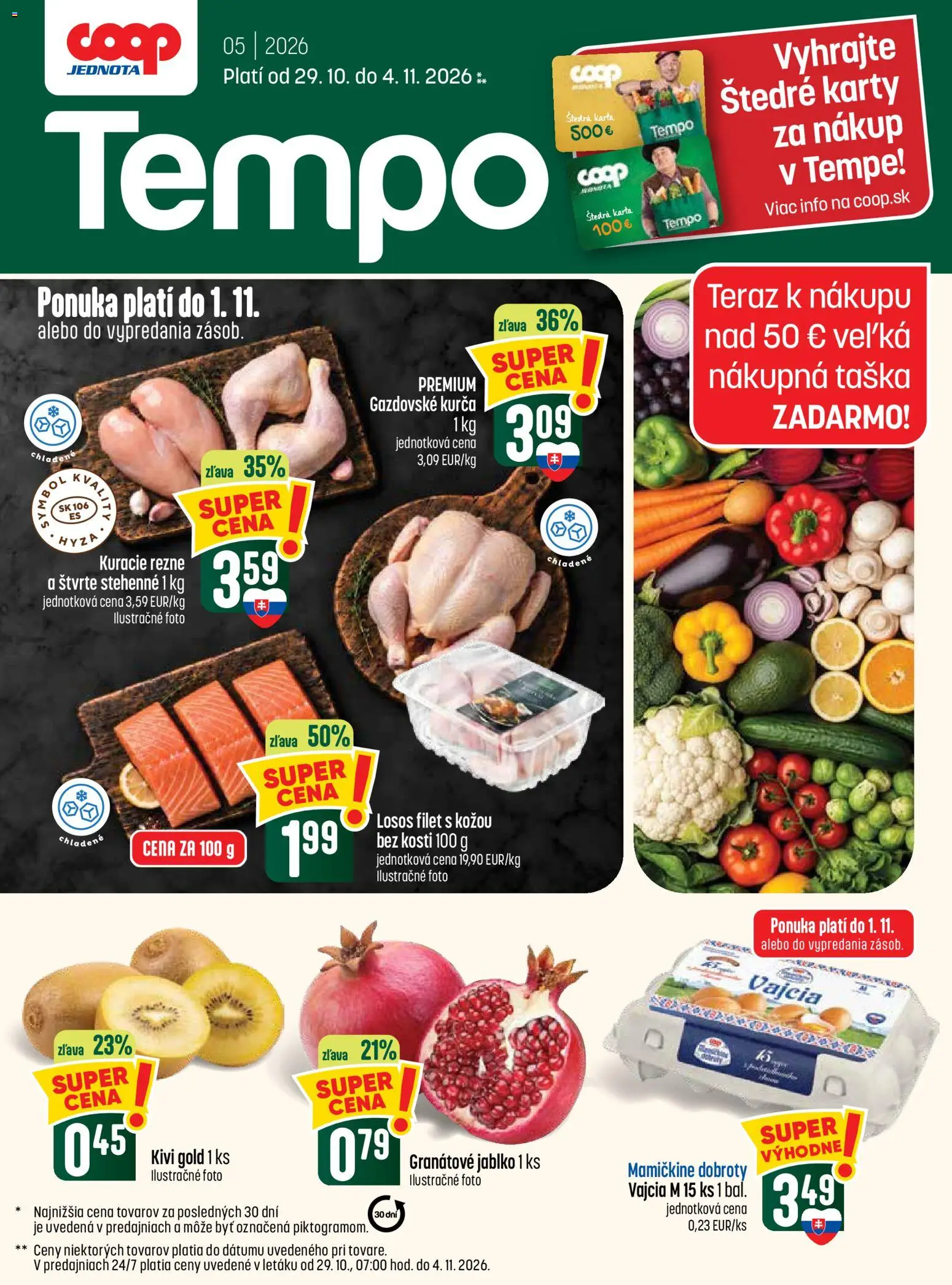 Nové COOP Jednota akcie – leták je platný od 29.10.2026 | Strana: 1 | Produkty: Vajcia M, Vajcia, Kurča, Kivi