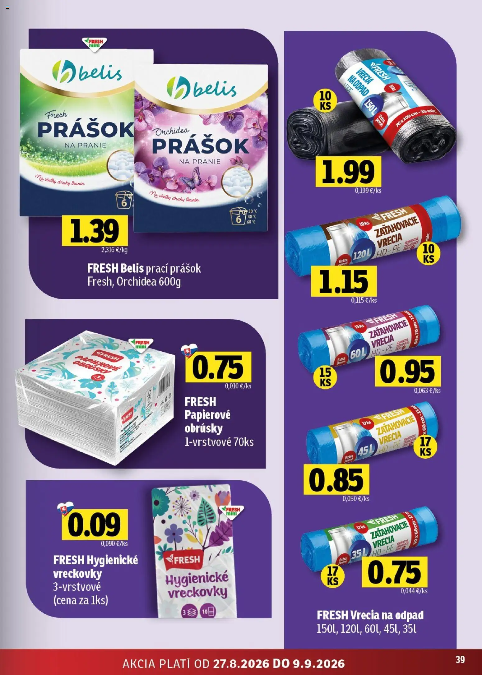 Nové Fresh akcie – leták je platný od 27.08.2026 | Strana: 39 | Produkty: Prací prášok, Prášok na pranie, Vreckovky, Orchidea