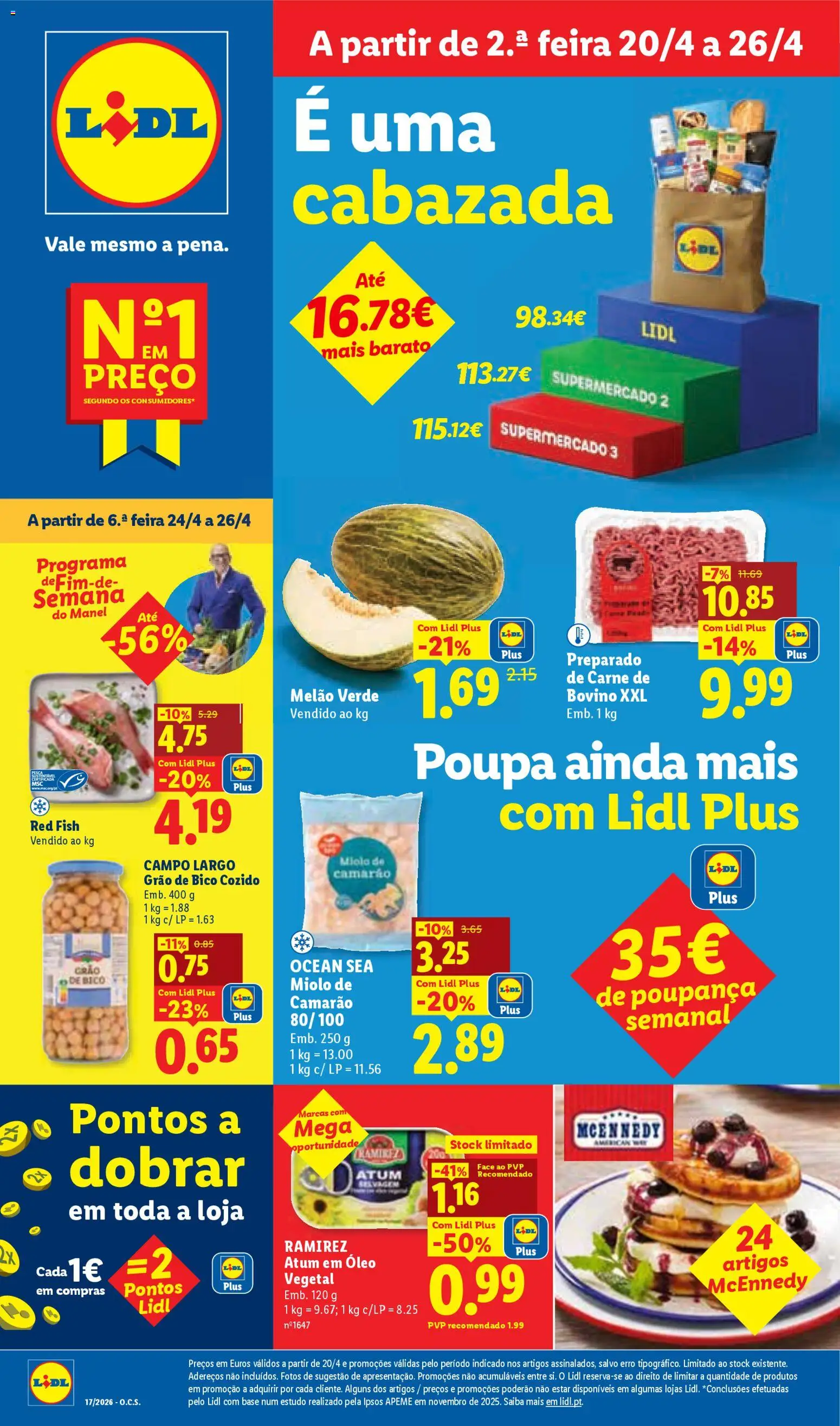 Lidl folheto │ válido de 20.04.2026 | Página: 1 | Produtos: Atum, Camarão, Base, Melão