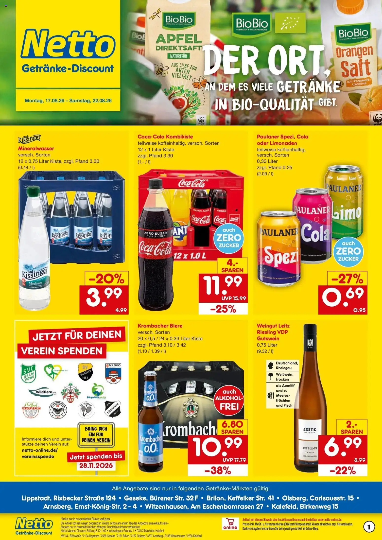 Netto Marken-Discount Prospekt Lippstadt – gültig ab 17.08.2026 | Seite: 1 | Produkte: Äpfel, Orangensaft, Alkohol, Krombacher
