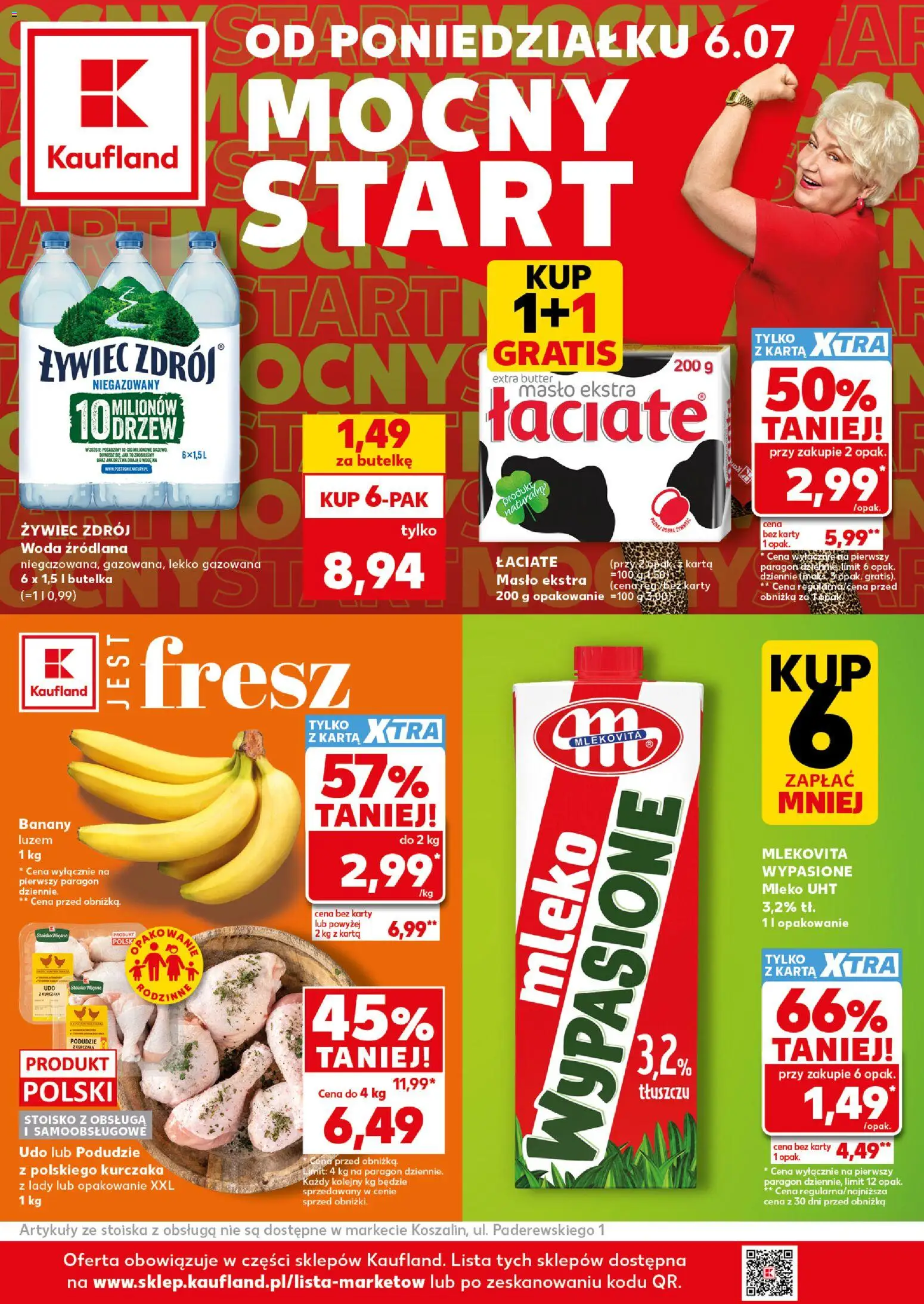 Kaufland Polsko leták - Mocny start od 06.07.2026 | Strana: 1 | Produkty: Mléko, Máslo, Banány, Karty