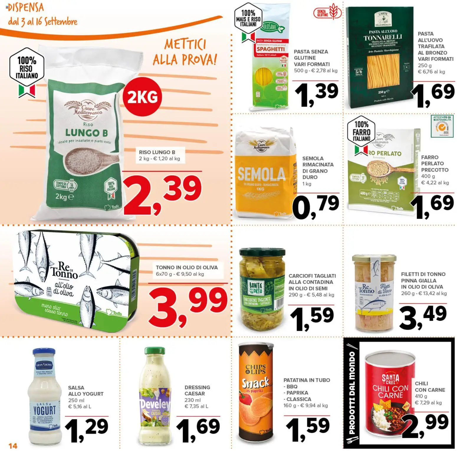 Volantino Todis del 03/09/2026 | Pagina: 14 | Prodotti: Tubo, Carciofi, Mais, Semola