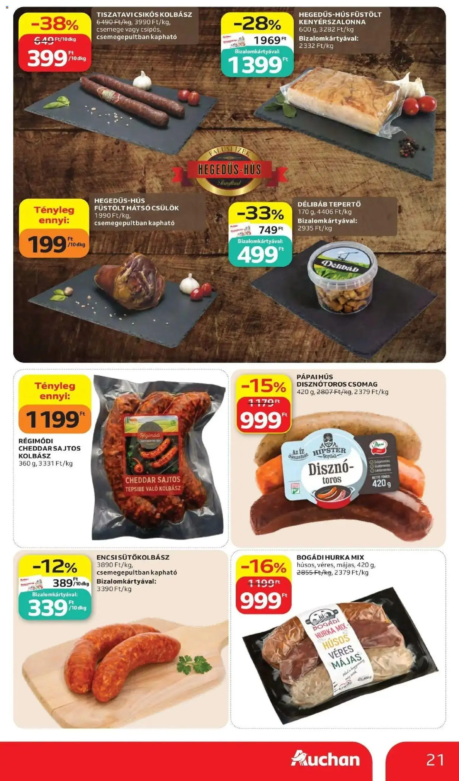 Auchan akciós újság Szolnok - 2026.10.15. -tól/töl > akció, lapozható szórólap 🛍️ | Oldal: 21 | Termékek: Kolbász, Pápai, Füstölt hátsó csülök, Cheddar