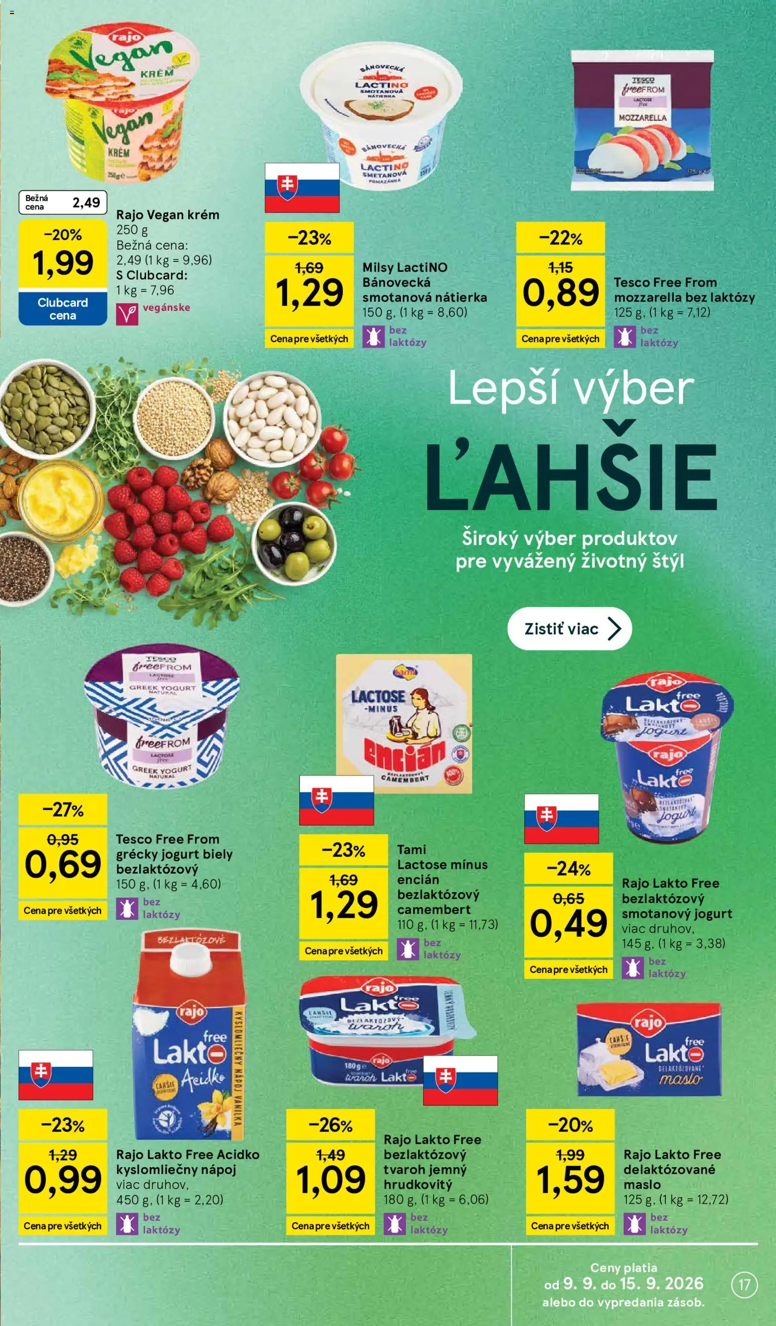 Nové Tesco akcie – leták je platný od 09.09.2026 | Strana: 17 | Produkty: Maslo, Grécky jogurt, Tvaroh, Camembert