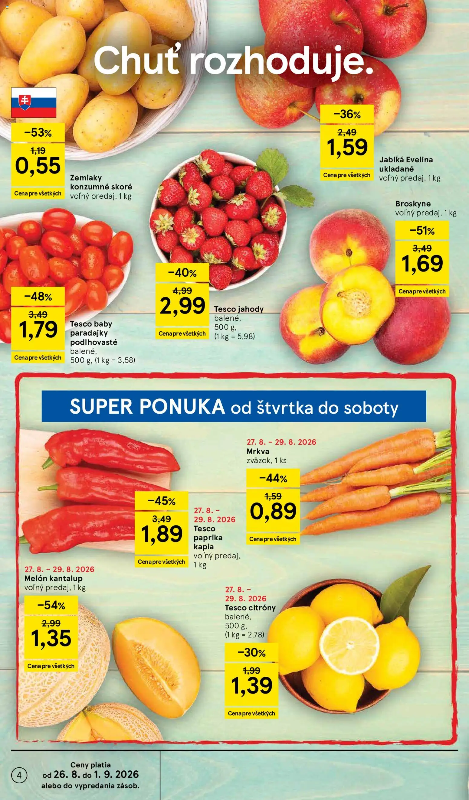 Nové Tesco akcie – leták je platný od 26.08.2026 | Strana: 4 | Produkty: Jablká, Citróny, Melón, Kápia