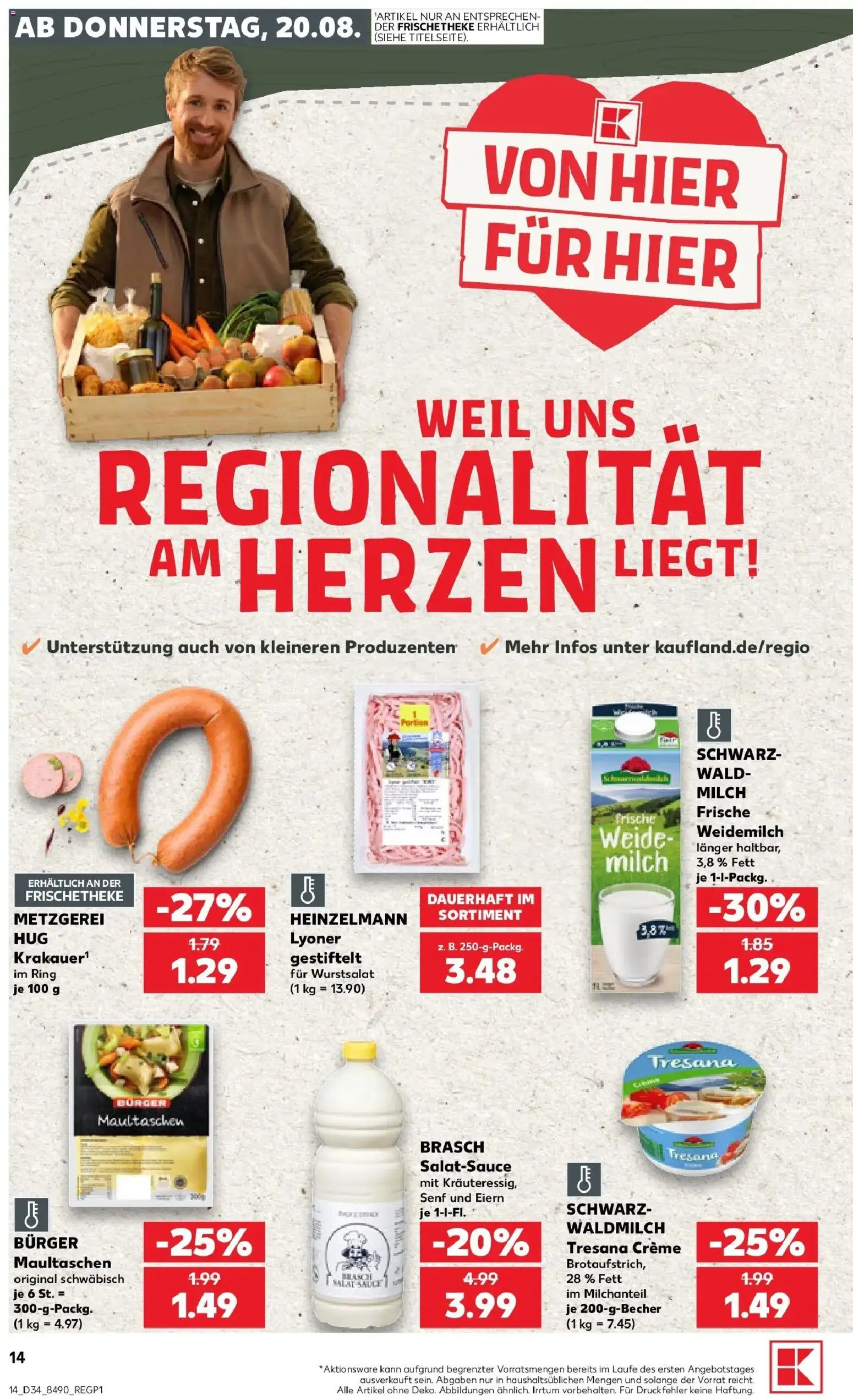 Prospekt Kaufland ab 20.08.2026 » Angebote Online zum Blättern | Seite: 14 | Produkte: Milch, Burger, Creme, Maultaschen