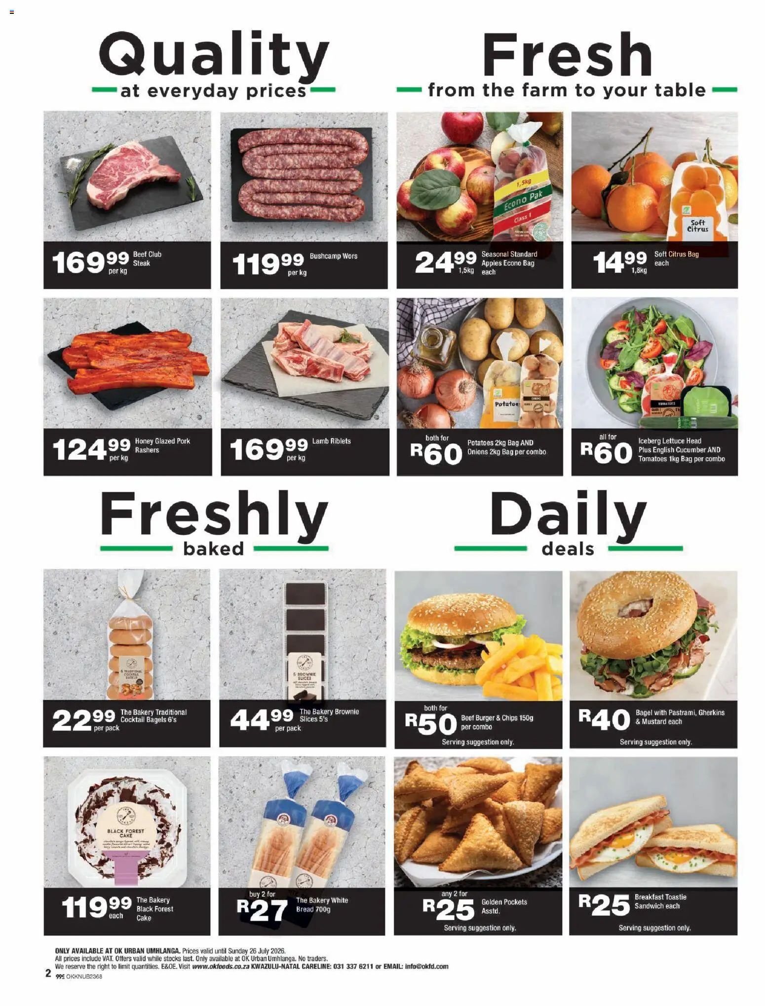New OK Foods catalogue – valid from 15/07/2026 | Page: 2 | Products: Bakery, Steak, Bread, Chips