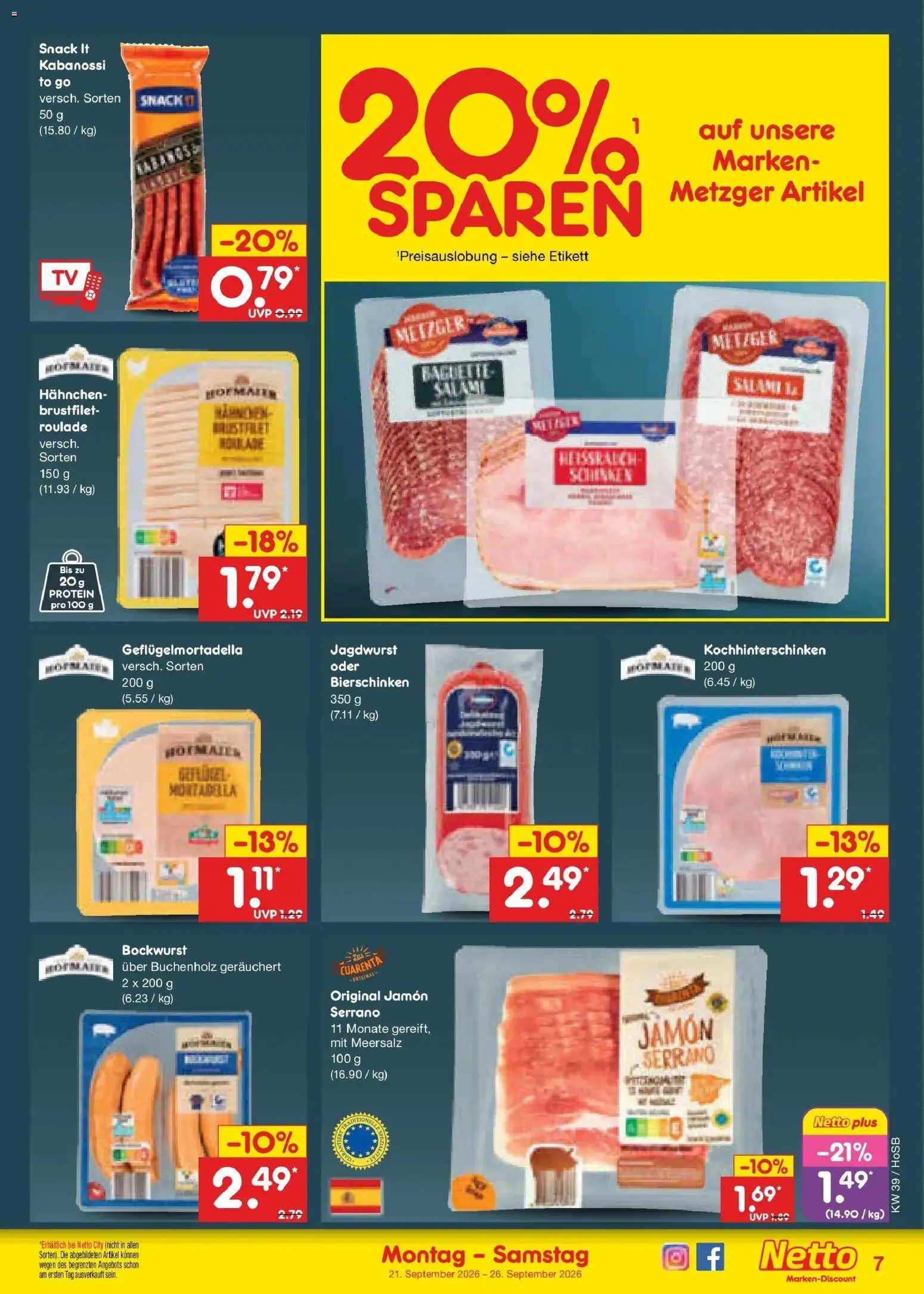 Netto Marken-Discount Prospekt Hannover – gültig ab 21.09.2026 | Seite: 11 | Produkte: Baguette, Salami, Schinken, TV