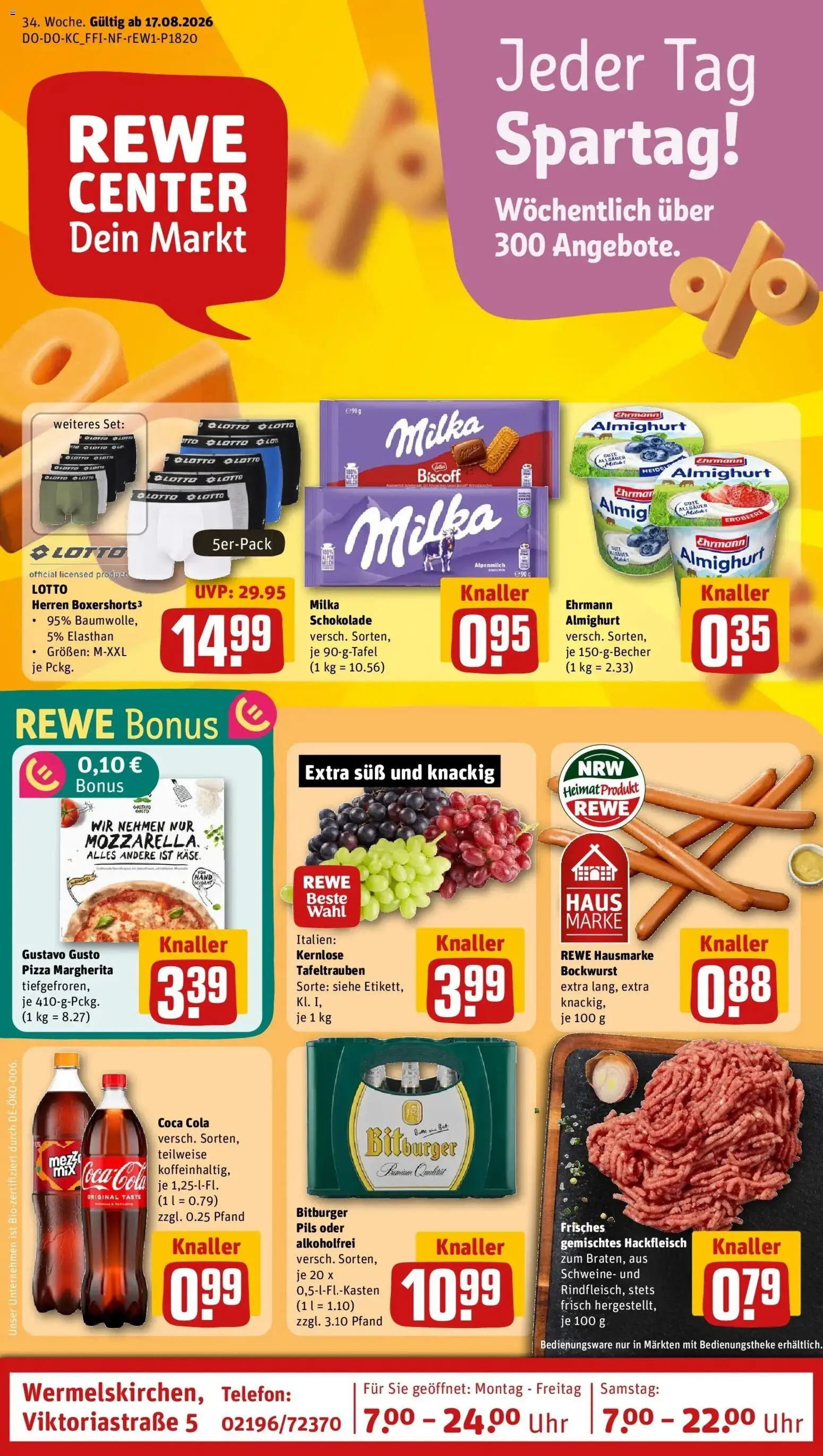 REWE Prospekt ab 17.08.2026 zum Blättern » Angebote | Seite: 1 | Produkte: Cola, Schokolade, Pils, Milka