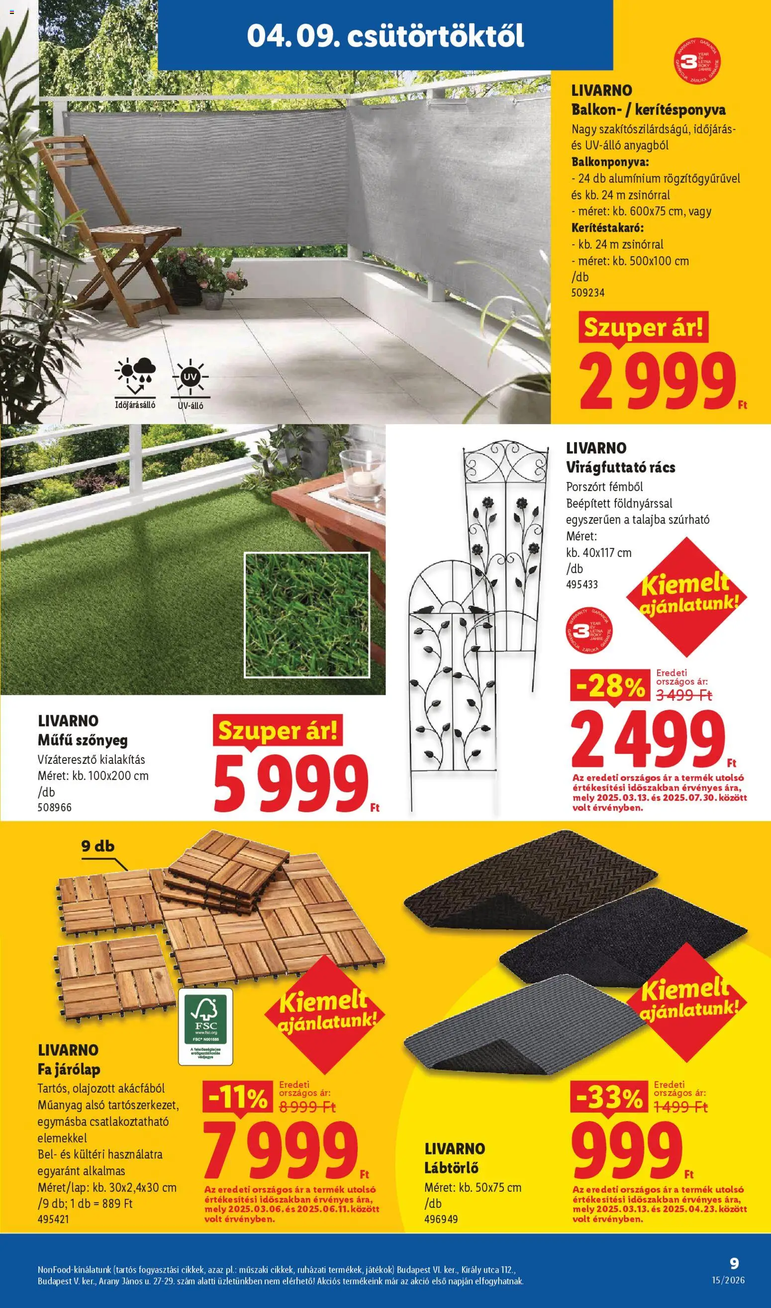 Lidl akciós ujság - amely érvényes a következő dátumtól: 09.04.2026 | Oldal: 9 | Termékek: Lábtörlő, Műfű, Járólap, Fa járólap