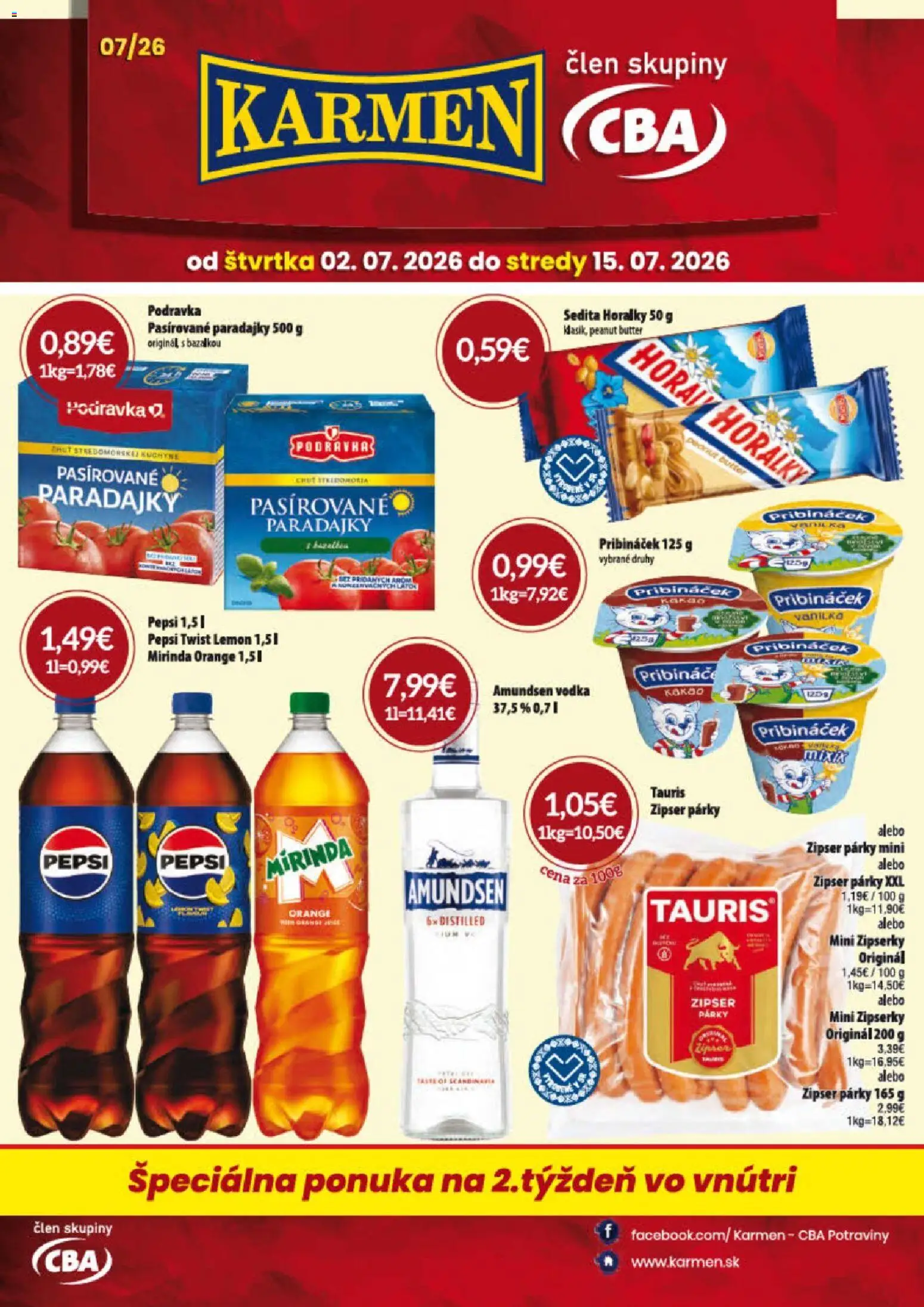 Nové KARMEN CBA akcie – leták je platný od 02.07.2026 | Strana: 1 | Produkty: Paradajky, Mirinda, Amundsen vodka, Horálky