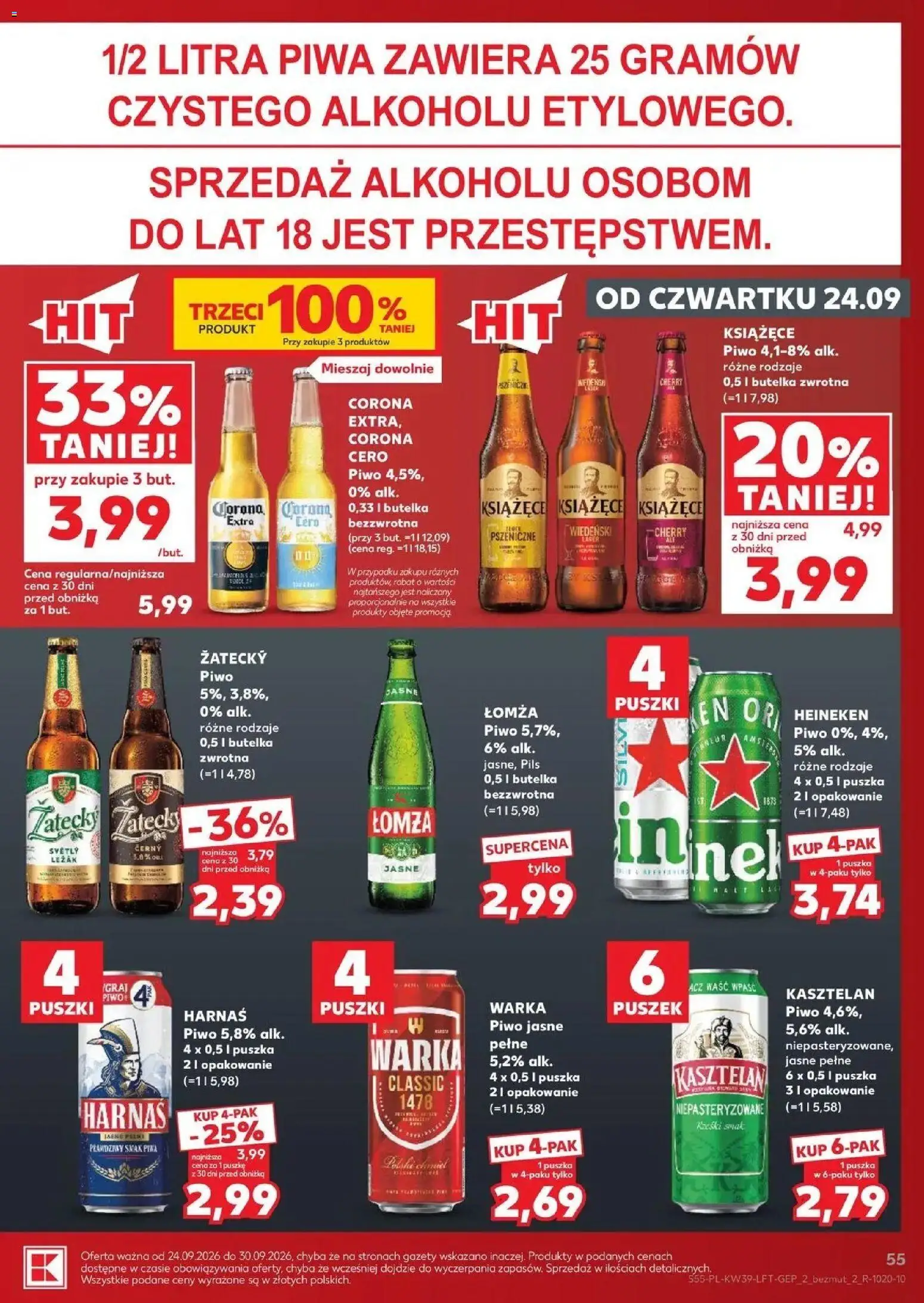 Kaufland gazetka od 24.09.2026 | Strona: 55 | Produkty: Gazety, Warka, Piwo Harnaś, Heineken
