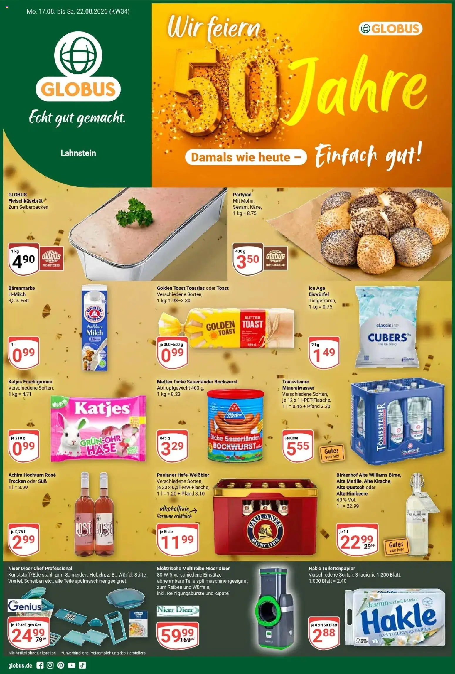 Globus Prospekt Lahnstein (ab 17.08.2026) » Angebote online | Seite: 1 | Produkte: Milch, Toast, Paulaner, Toilettenpapier
