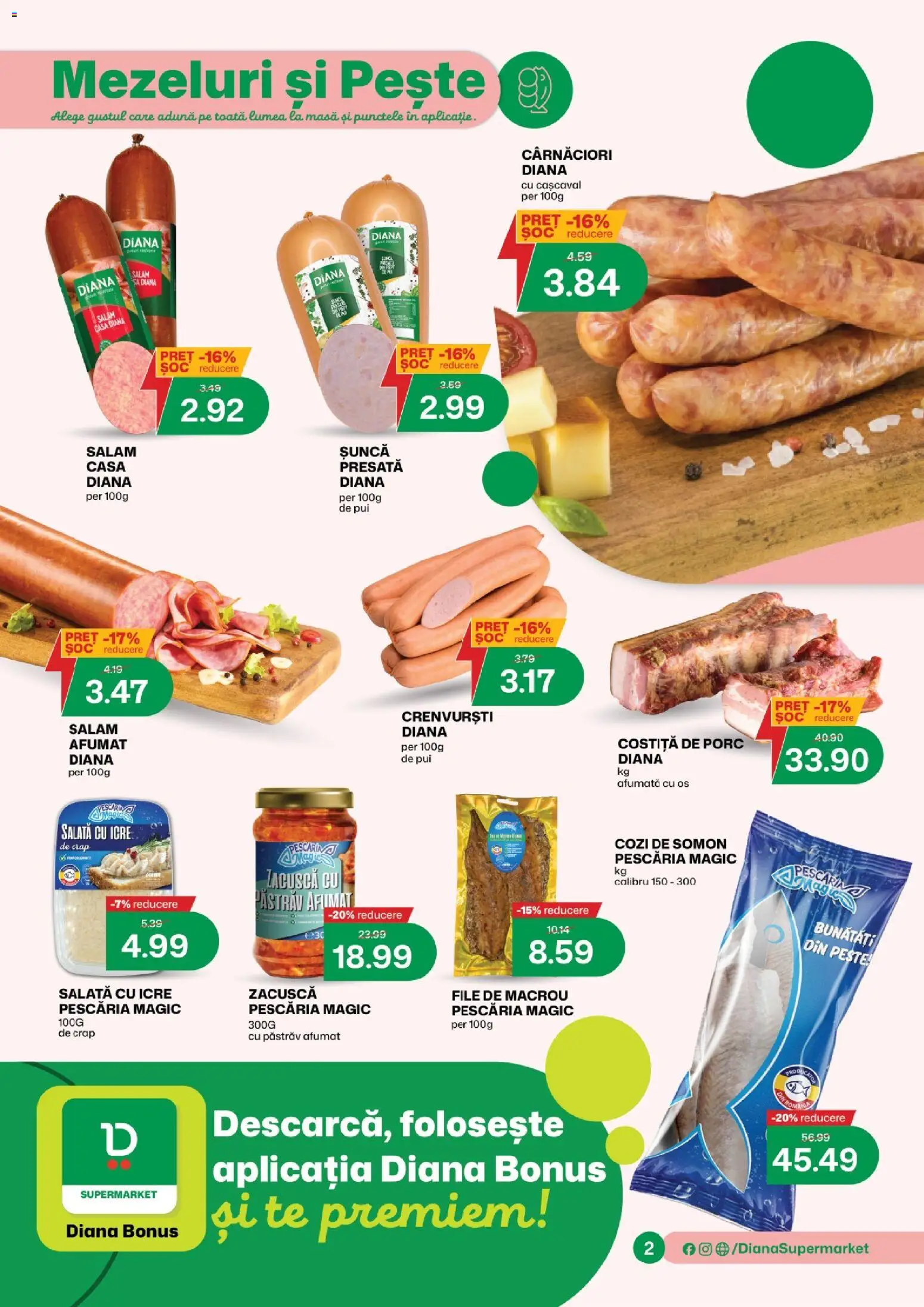 Noul catalog Diana – valabil de la 01.05.2026 | Pagină: 2 | Produse: Hacıyatmaz Kedi Oyuncağı, Șuncă, Salată cu icre, Salată