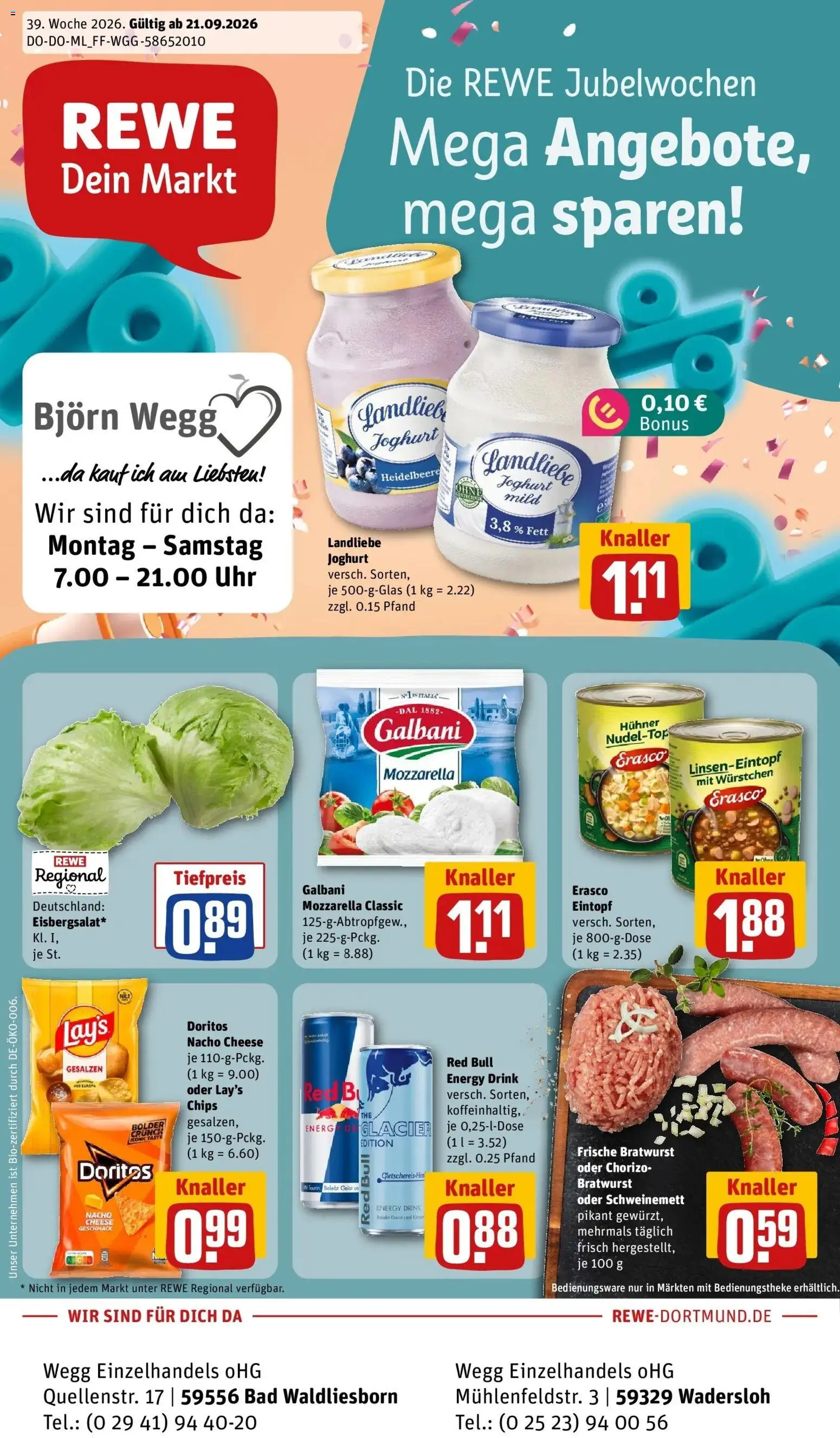REWE Prospekt ab 21.09.2026 zum Blättern » Angebote | Seite: 1 | Produkte: Energy, Bad, Bratwurst, Uhr