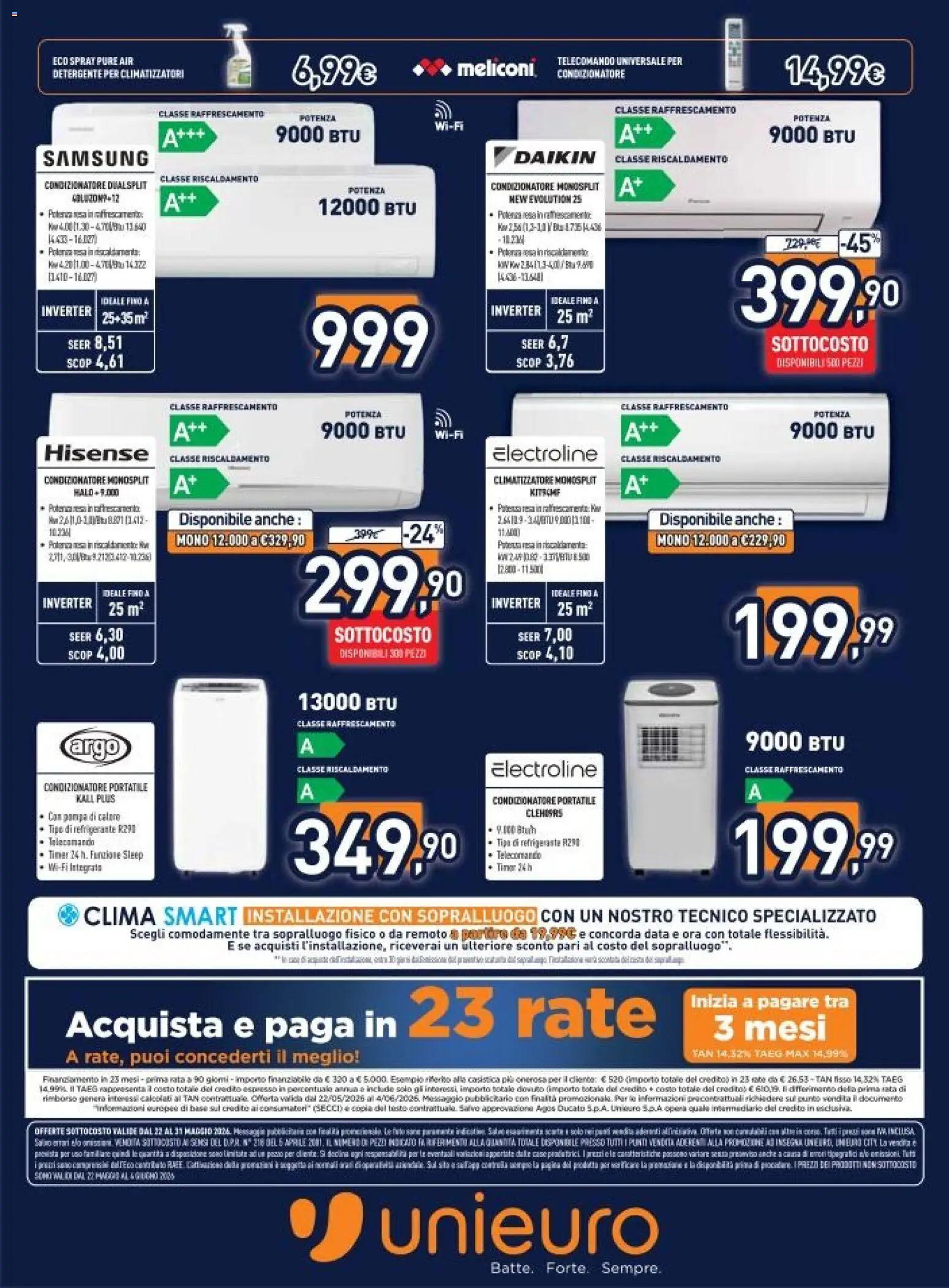 Volantino Unieuro del 22.05.2026 | Pagina: 29 | Prodotti: Climatizzatore, Condizionatore, Condizionatore portatile, Samsung