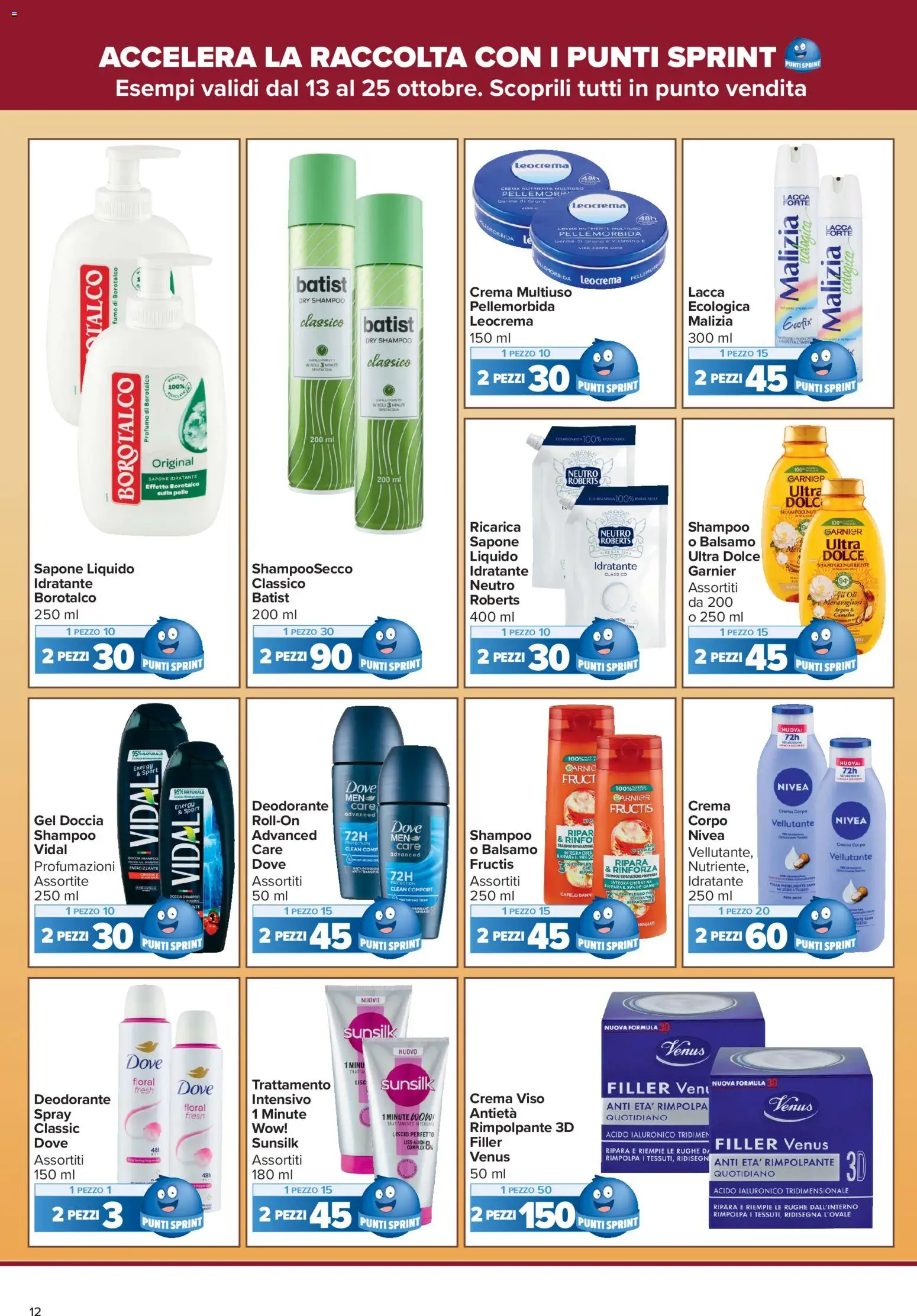 Volantino Carrefour del 13/10/2026 | Pagina: 12 | Prodotti: Balsamo, Crema viso, Talco, Doccia